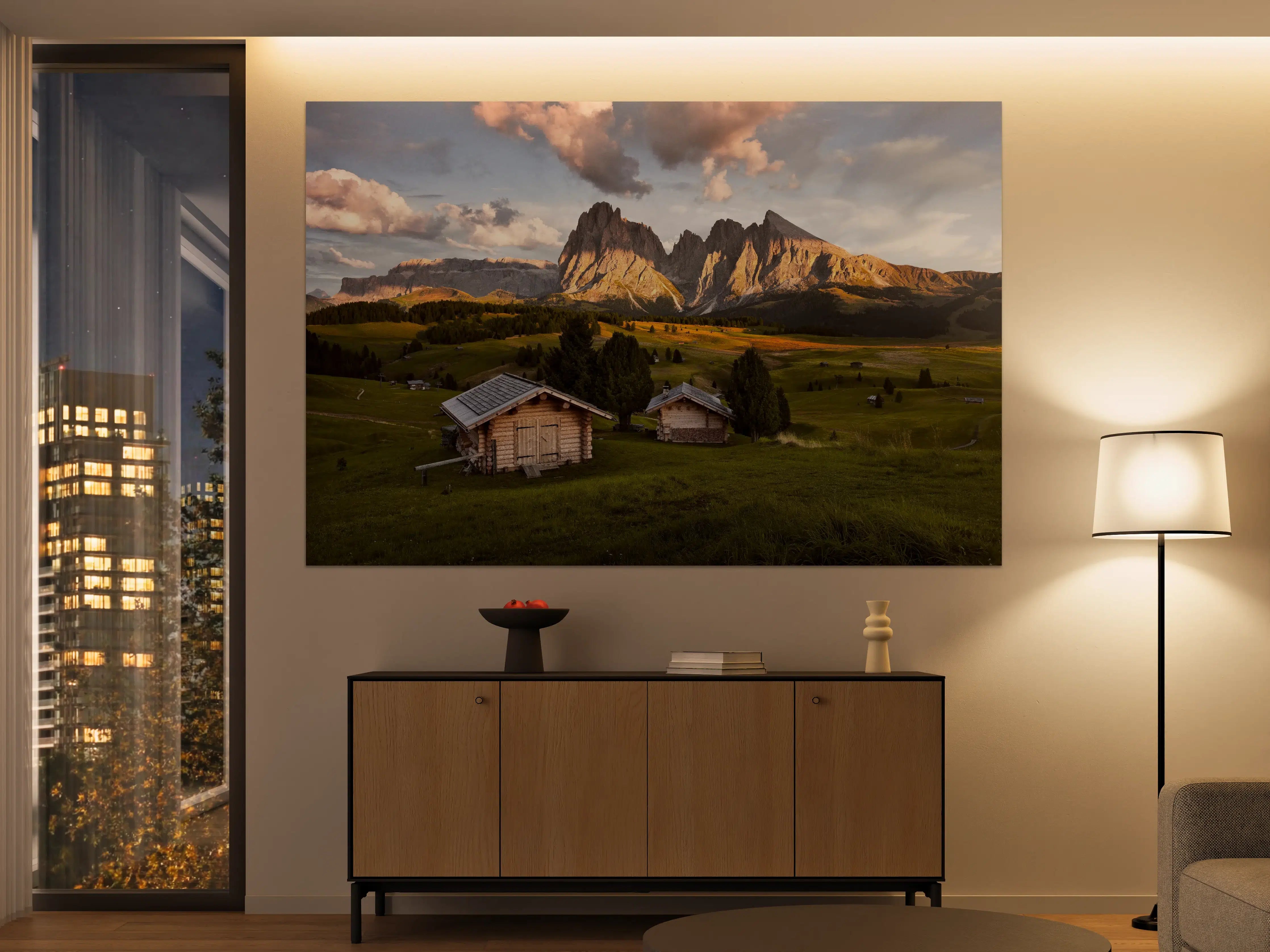 Große Wandbilder - Alpenhütten Sonnenuntergang Grün