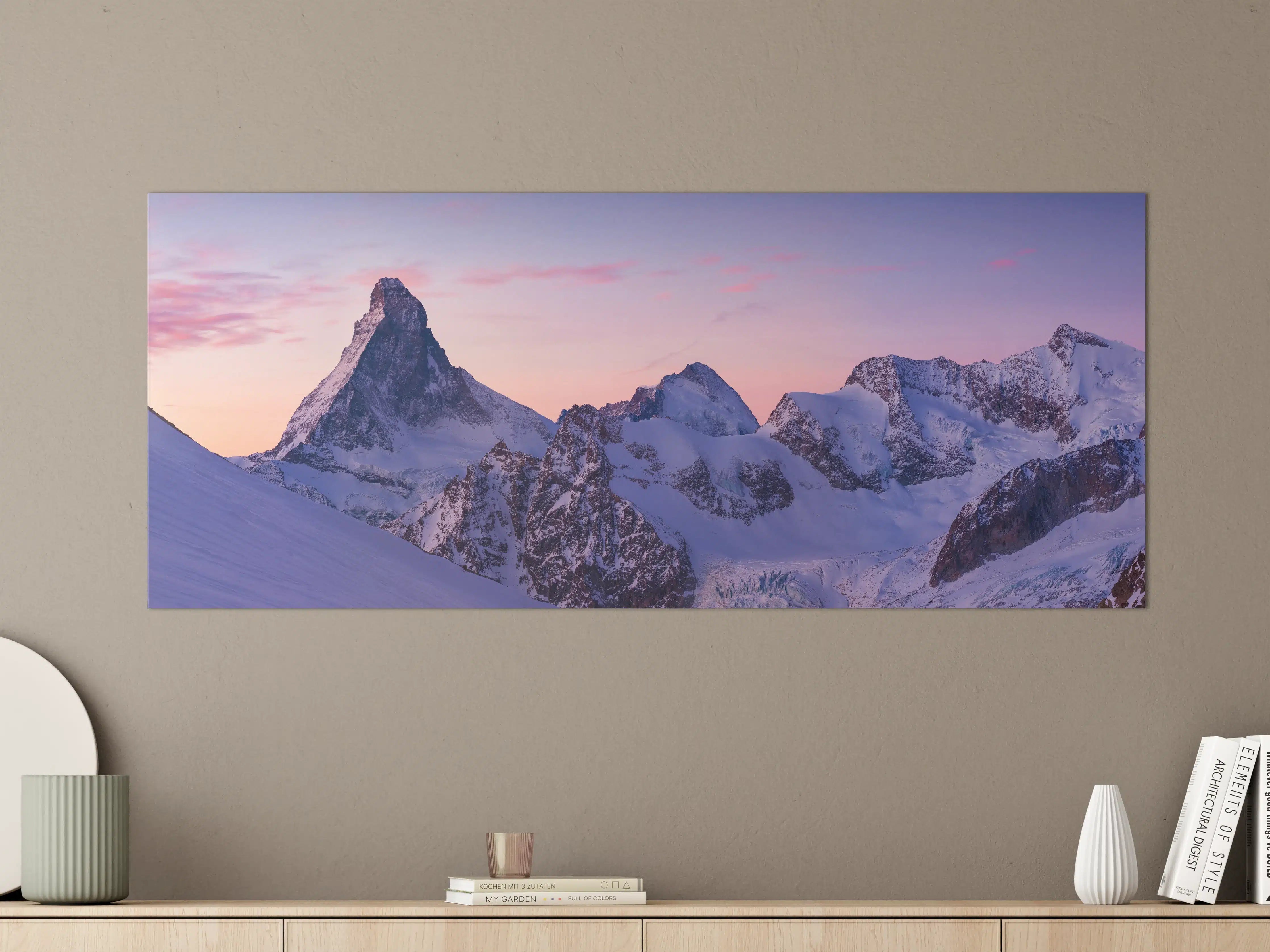 Große Wandbilder - Alpenpanorama Sonnenuntergang Weiß-Rosa