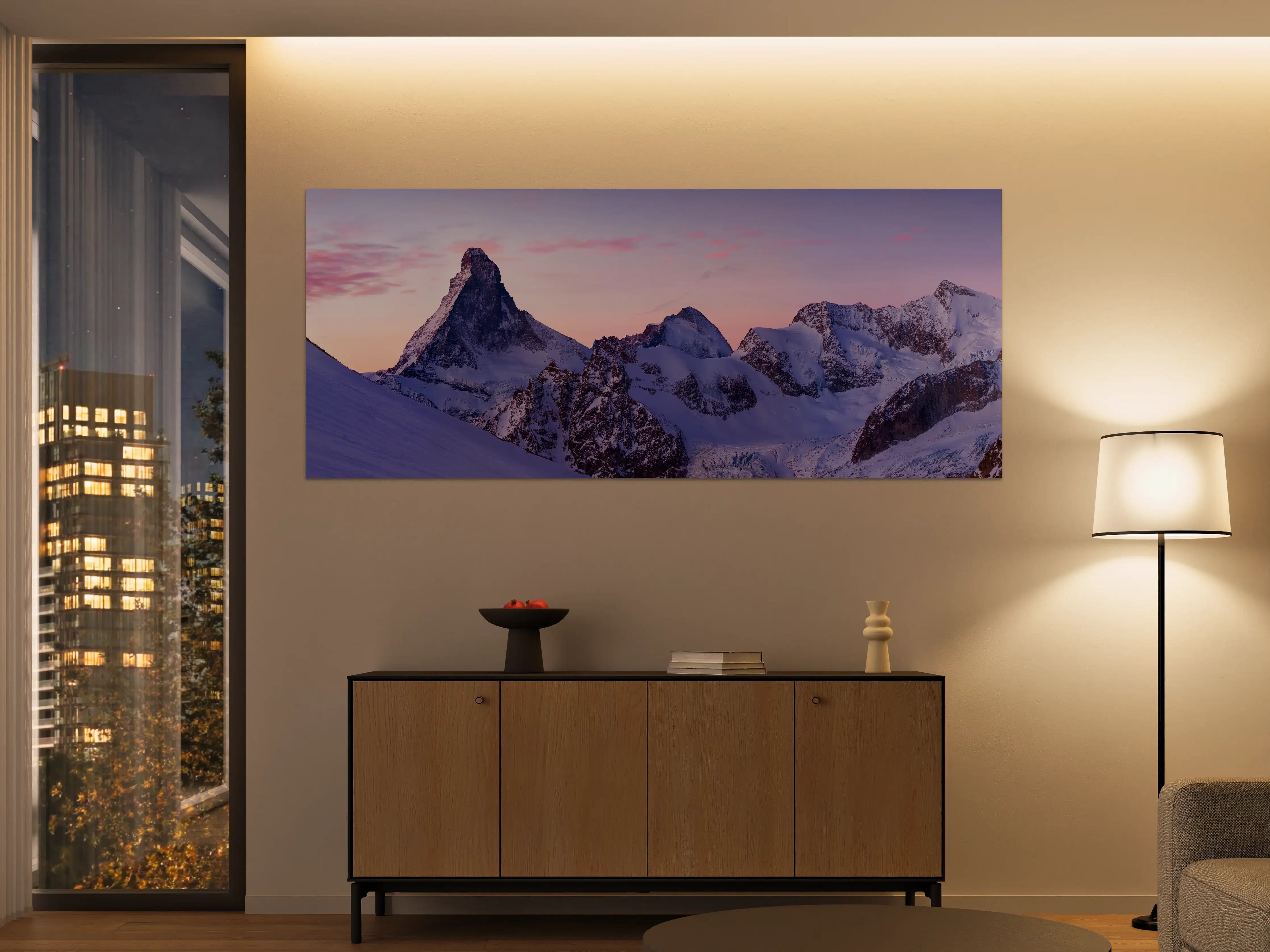 Große Wandbilder - Alpenpanorama Sonnenuntergang Weiß-Rosa