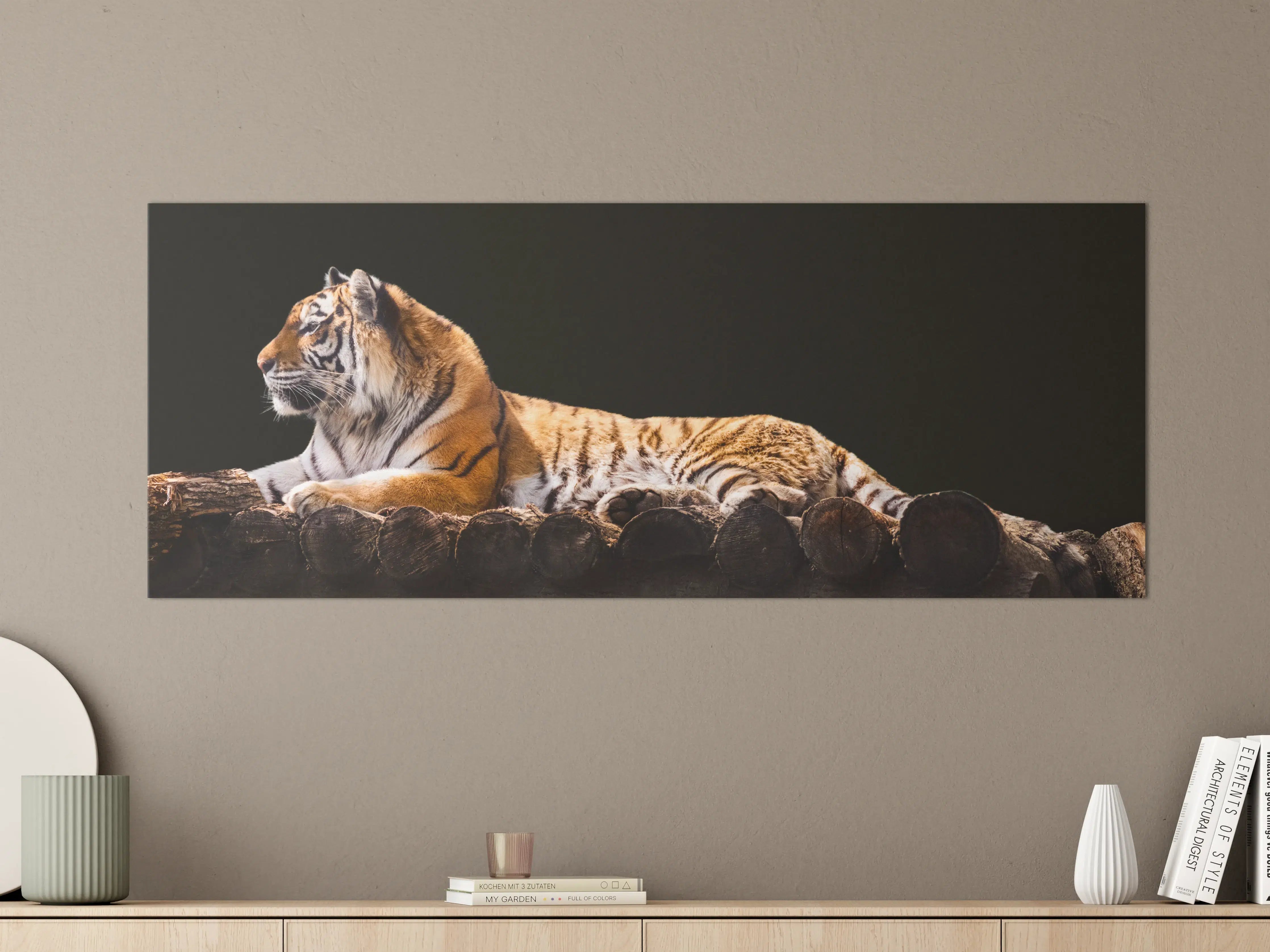 Große Wandbilder - Amurtiger liegend auf Holzdeck mit Schwarzem Hintergrund
