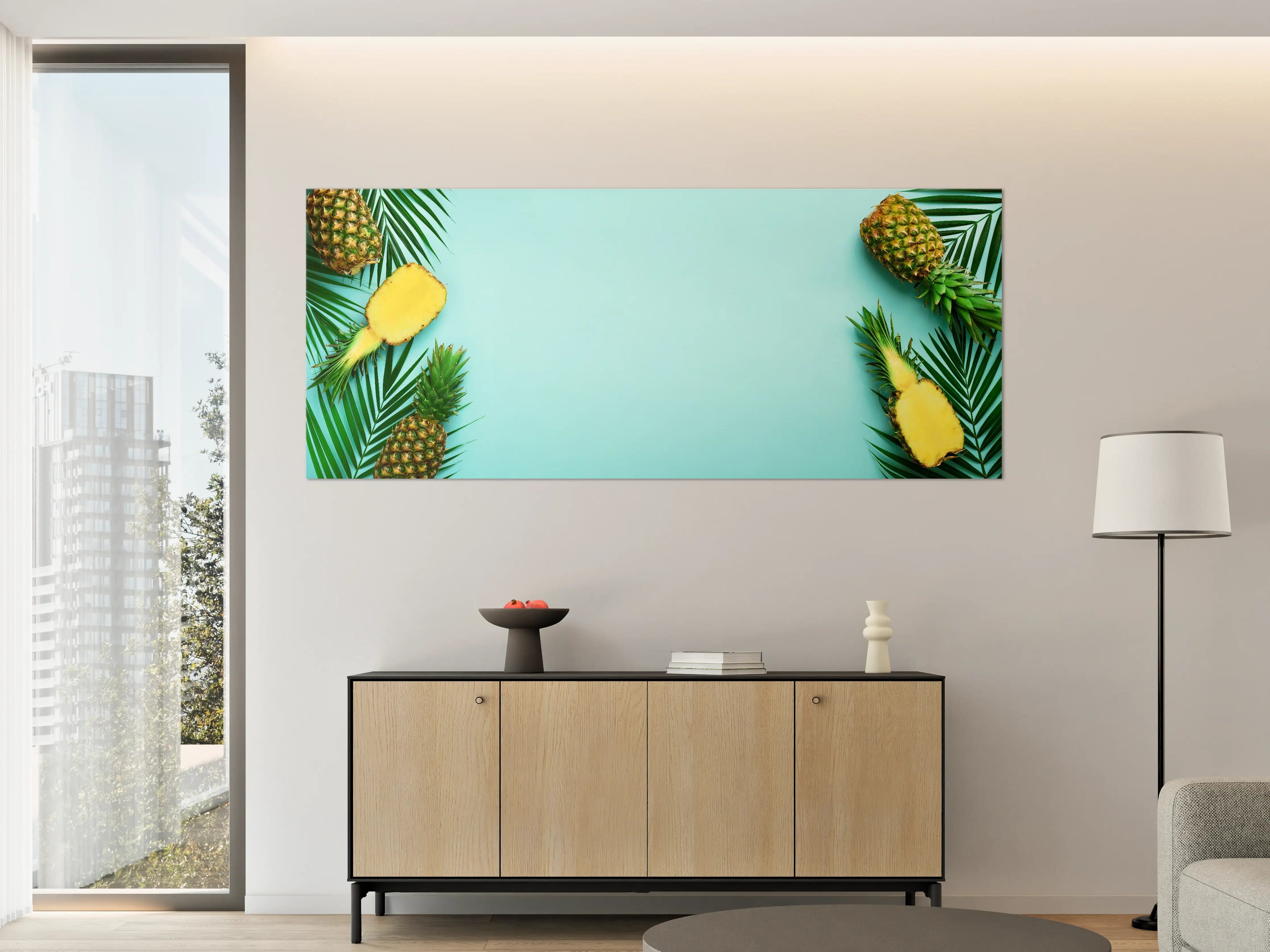 Große Wandbilder - Ananas und tropische Palmenblätter