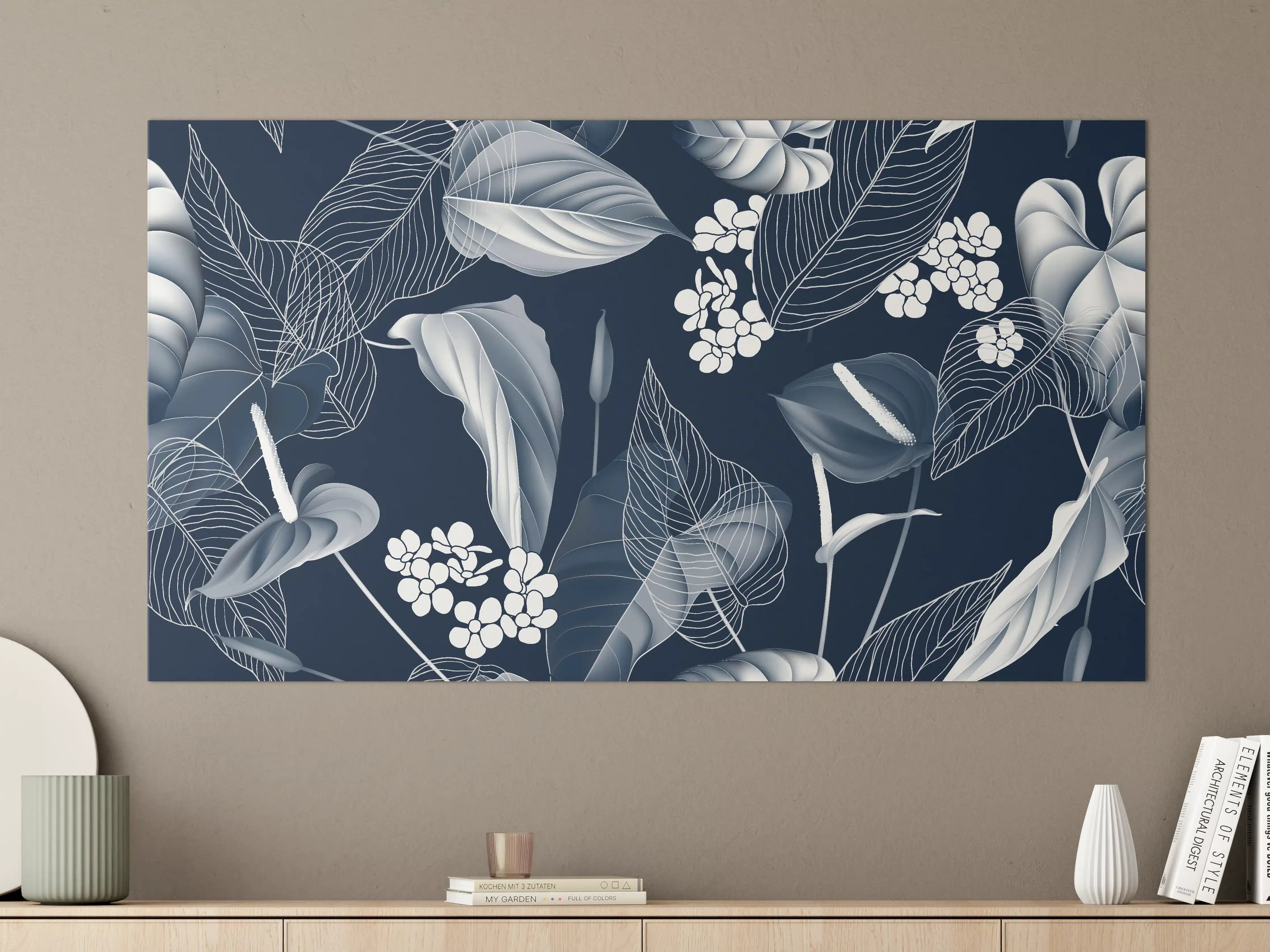 Große Wandbilder - Anthurium Blumen Dunkelblau Muster