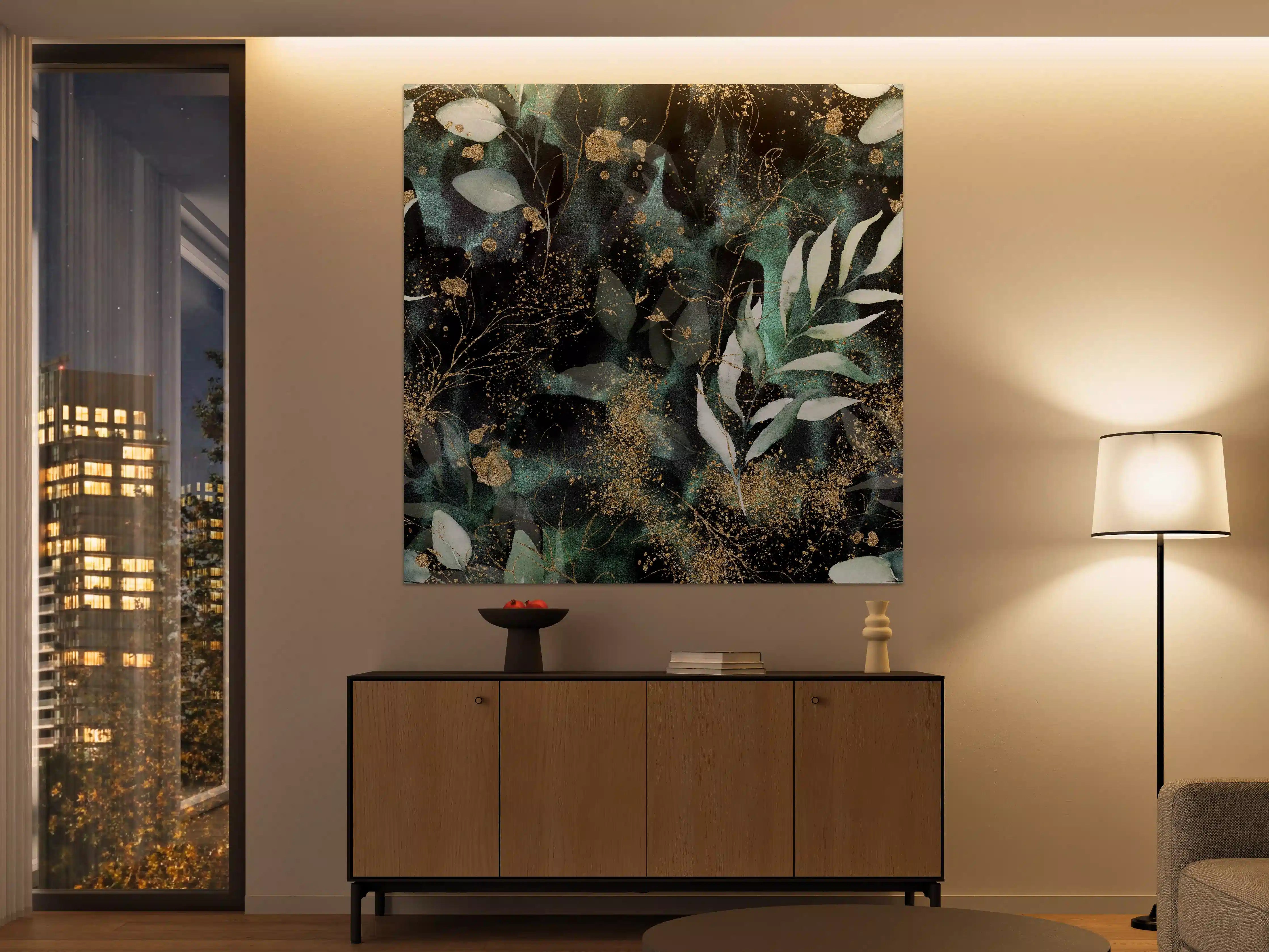 Große Wandbilder - Aquarell - abstrakte Blumen mit gold