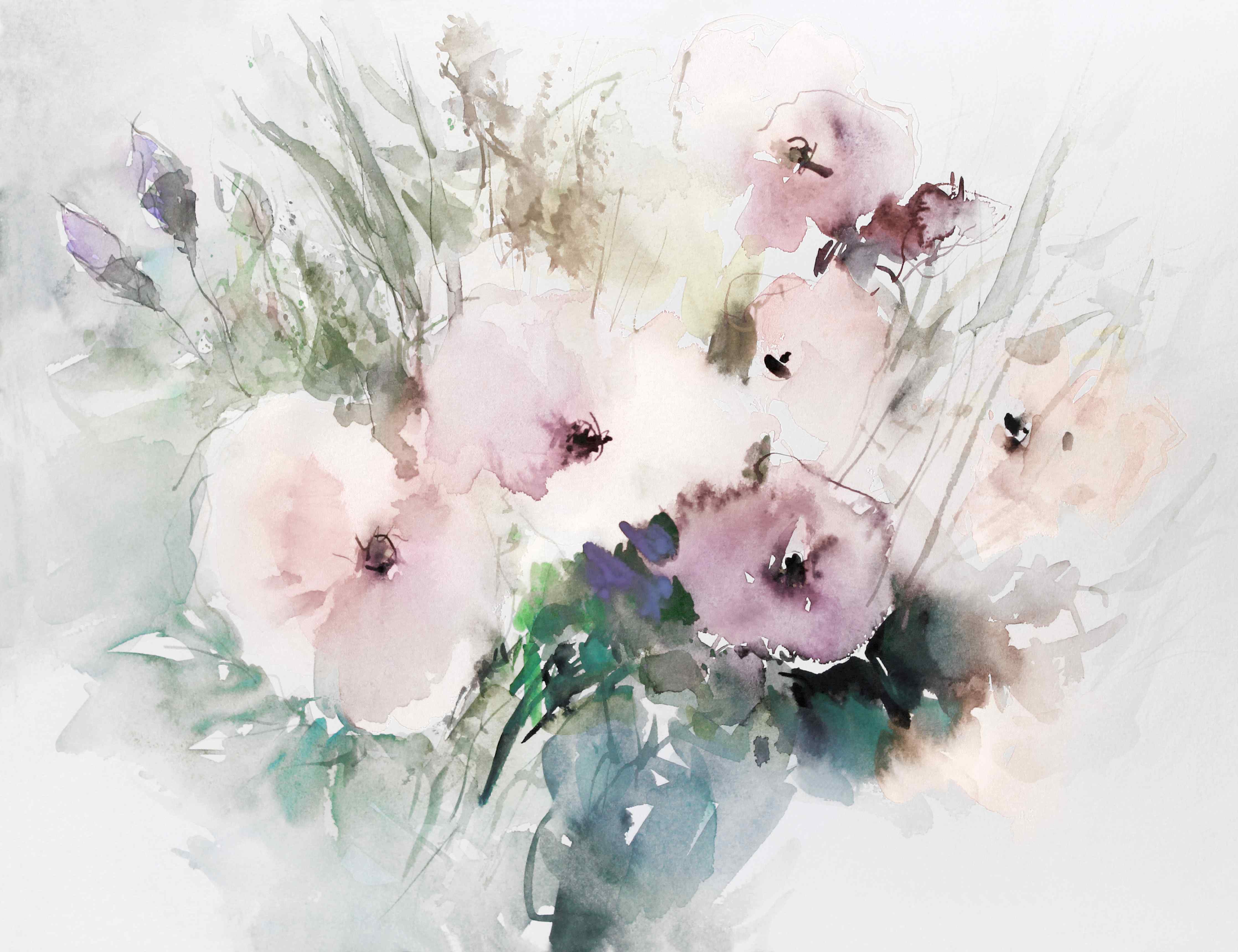 Große Wandbilder-Aquarell-Blumenstrauß in zarten Pastelltönen