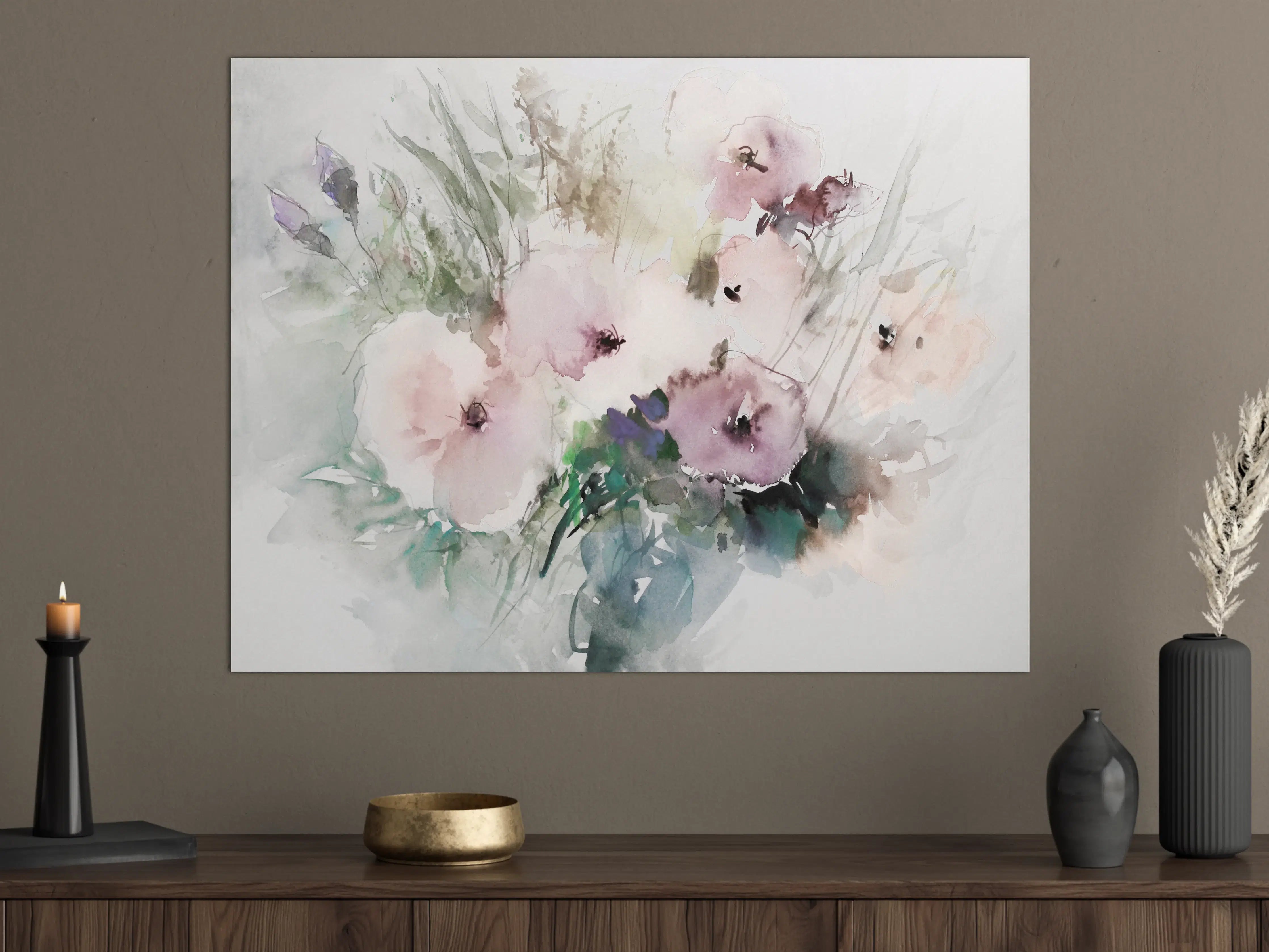 Große Wandbilder - Aquarell-Blumenstrauß in zarten Pastelltönen