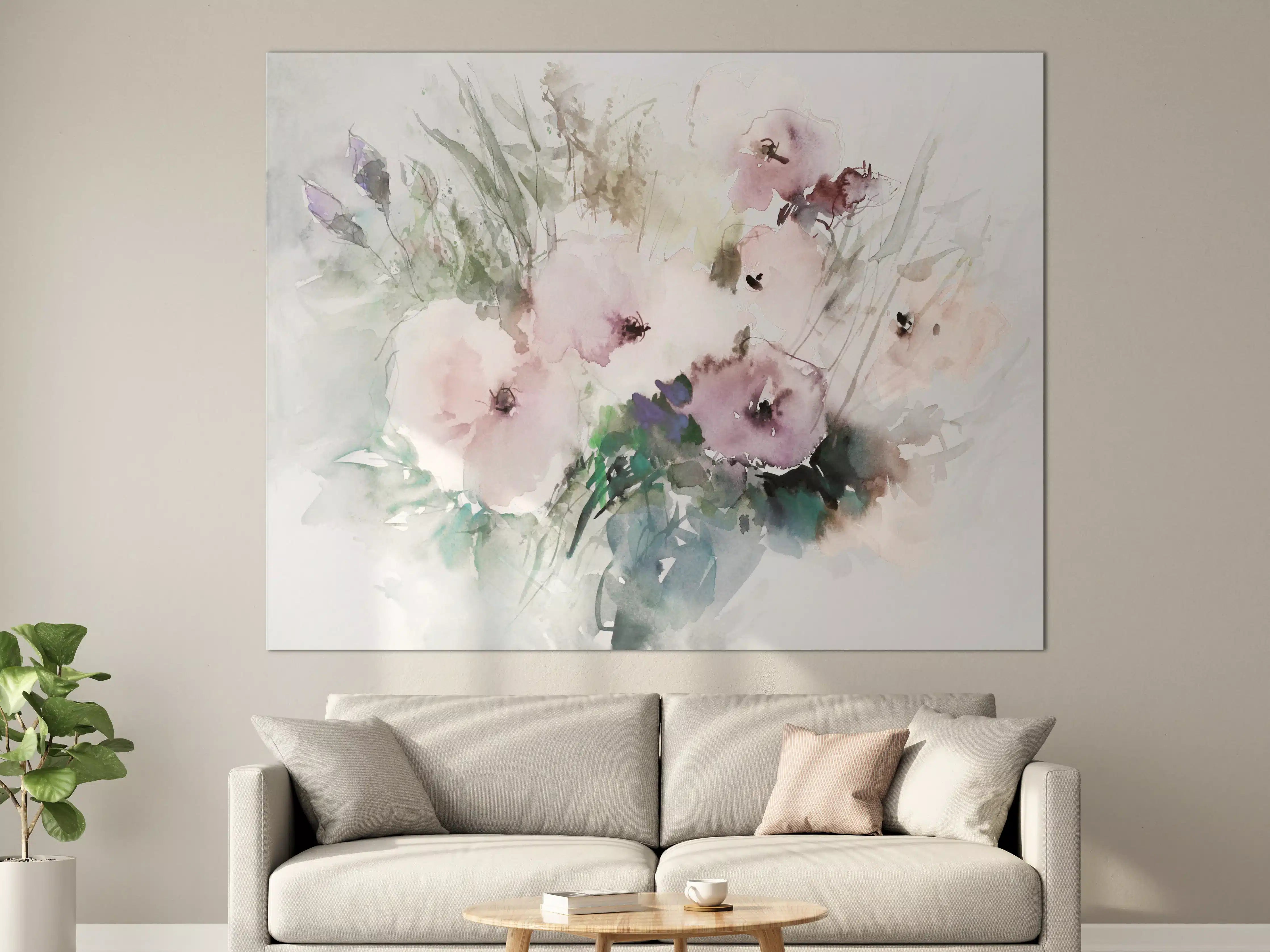 Große Wandbilder - Aquarell-Blumenstrauß in zarten Pastelltönen