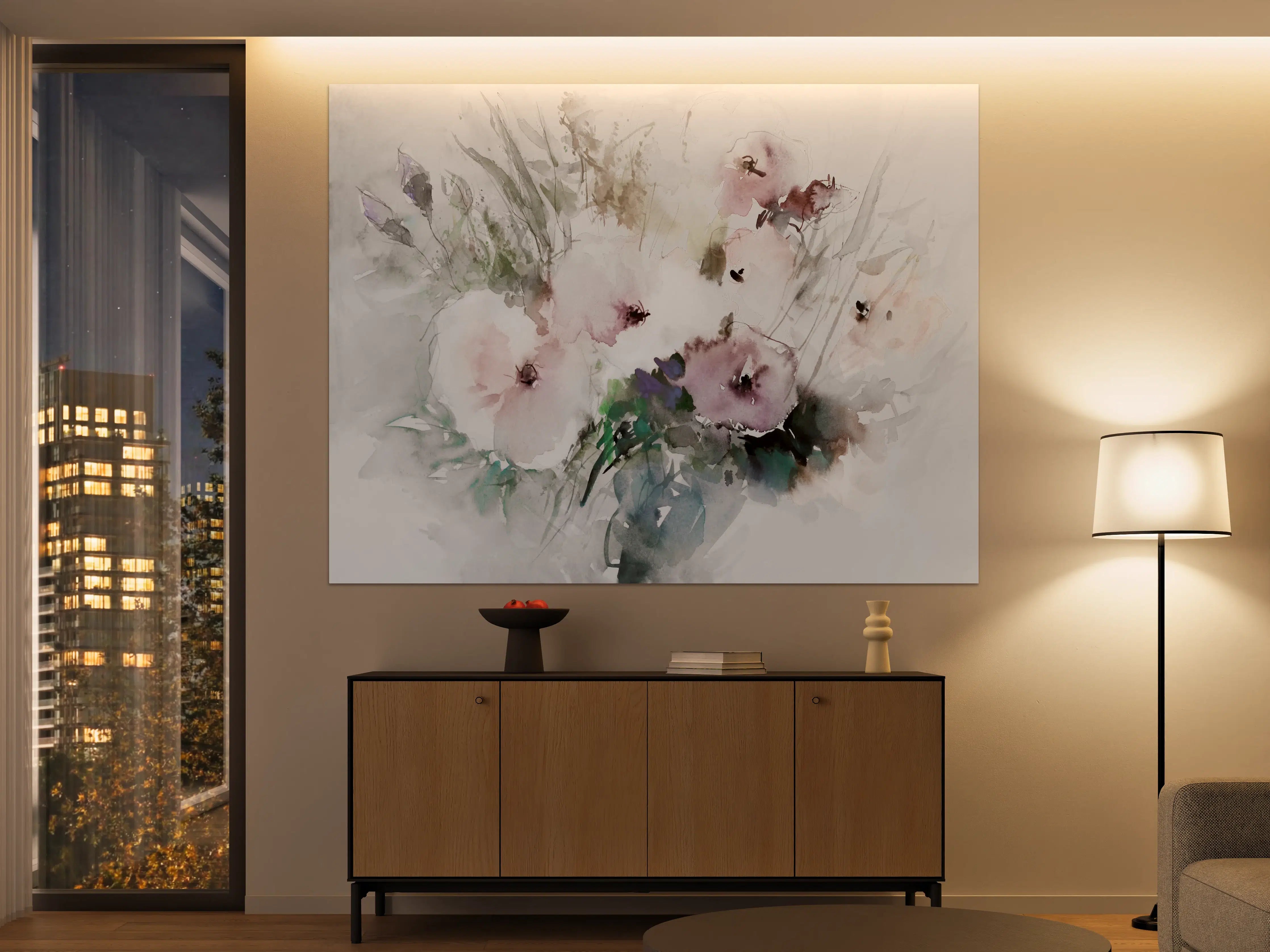 Große Wandbilder - Aquarell-Blumenstrauß in zarten Pastelltönen