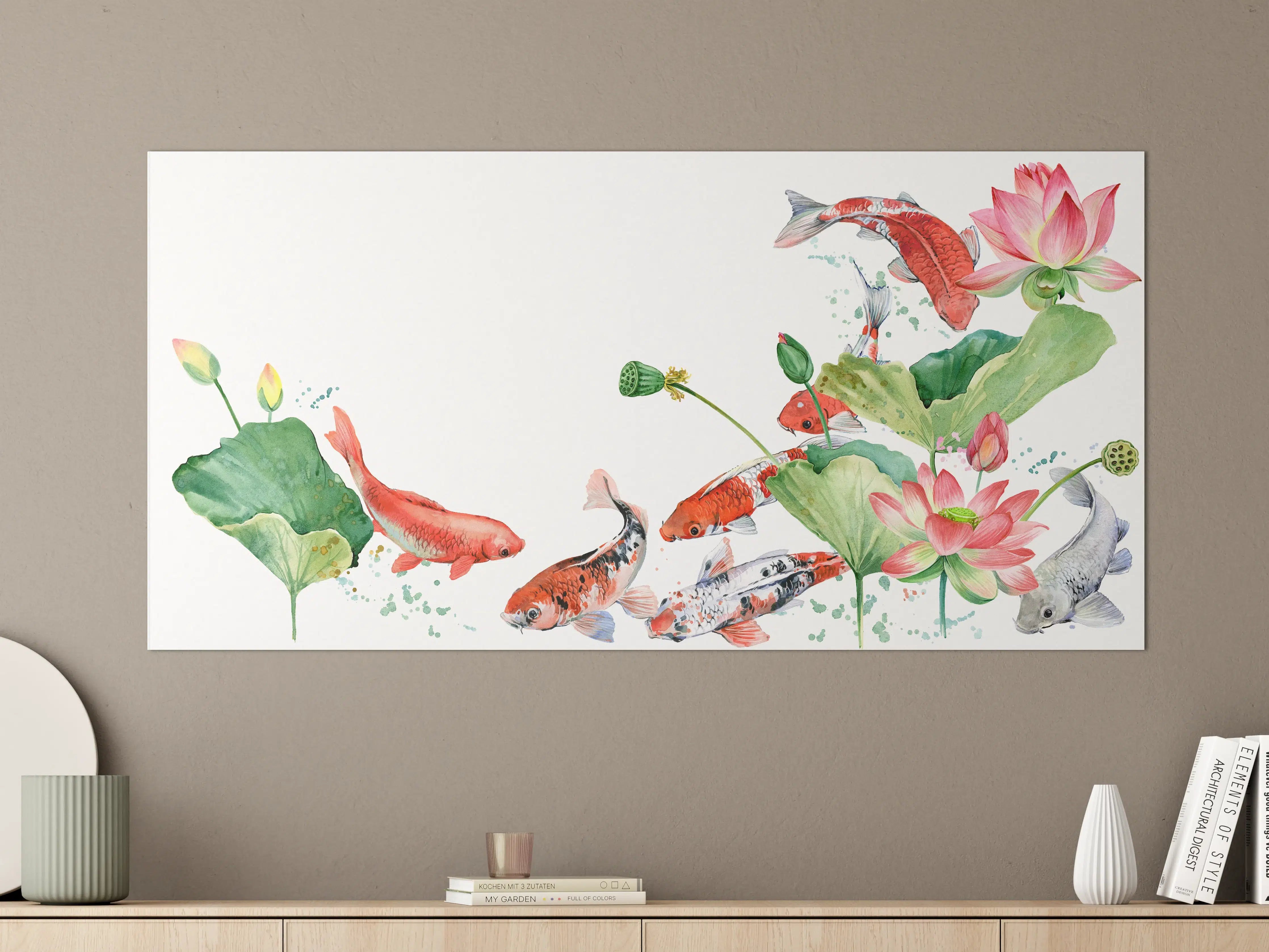 Große Wandbilder - Aquarell Koi Karpfen und Lotusblume