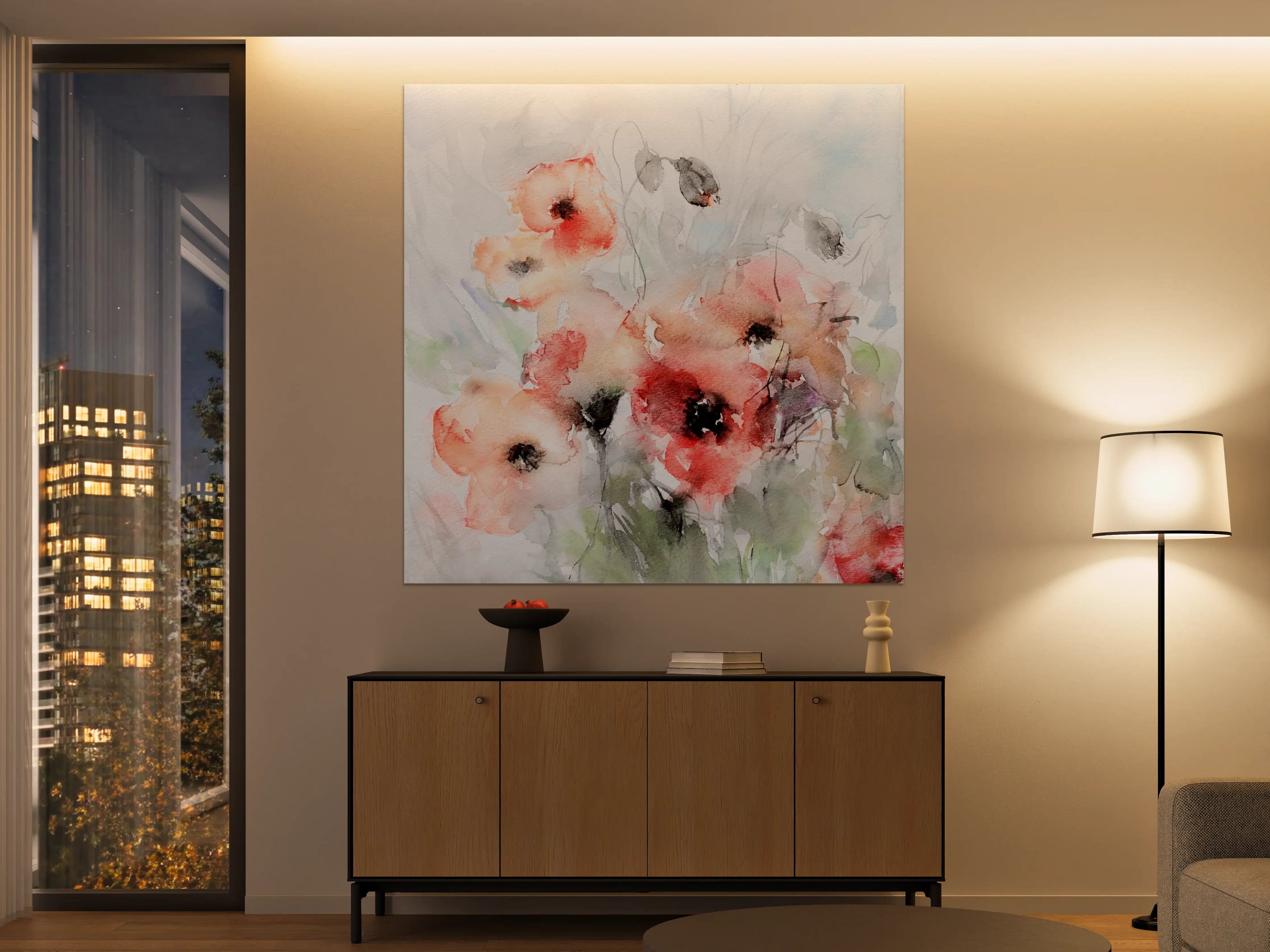 Große Wandbilder - Aquarellhafte Blumenmalerei in zarten Farben