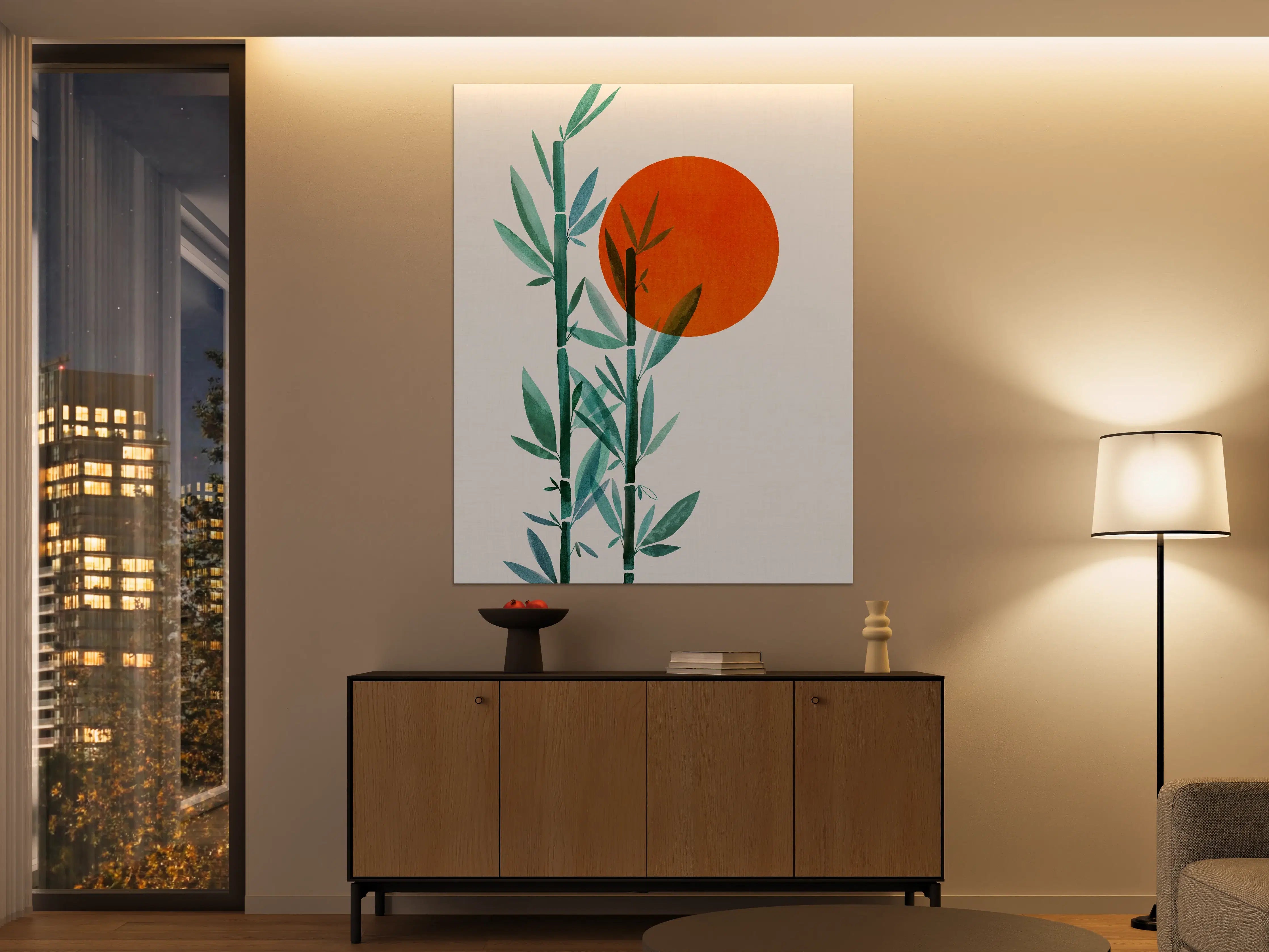 Große Wandbilder - Ästhetisches Bambusmotiv mit orangefarbener Sonne