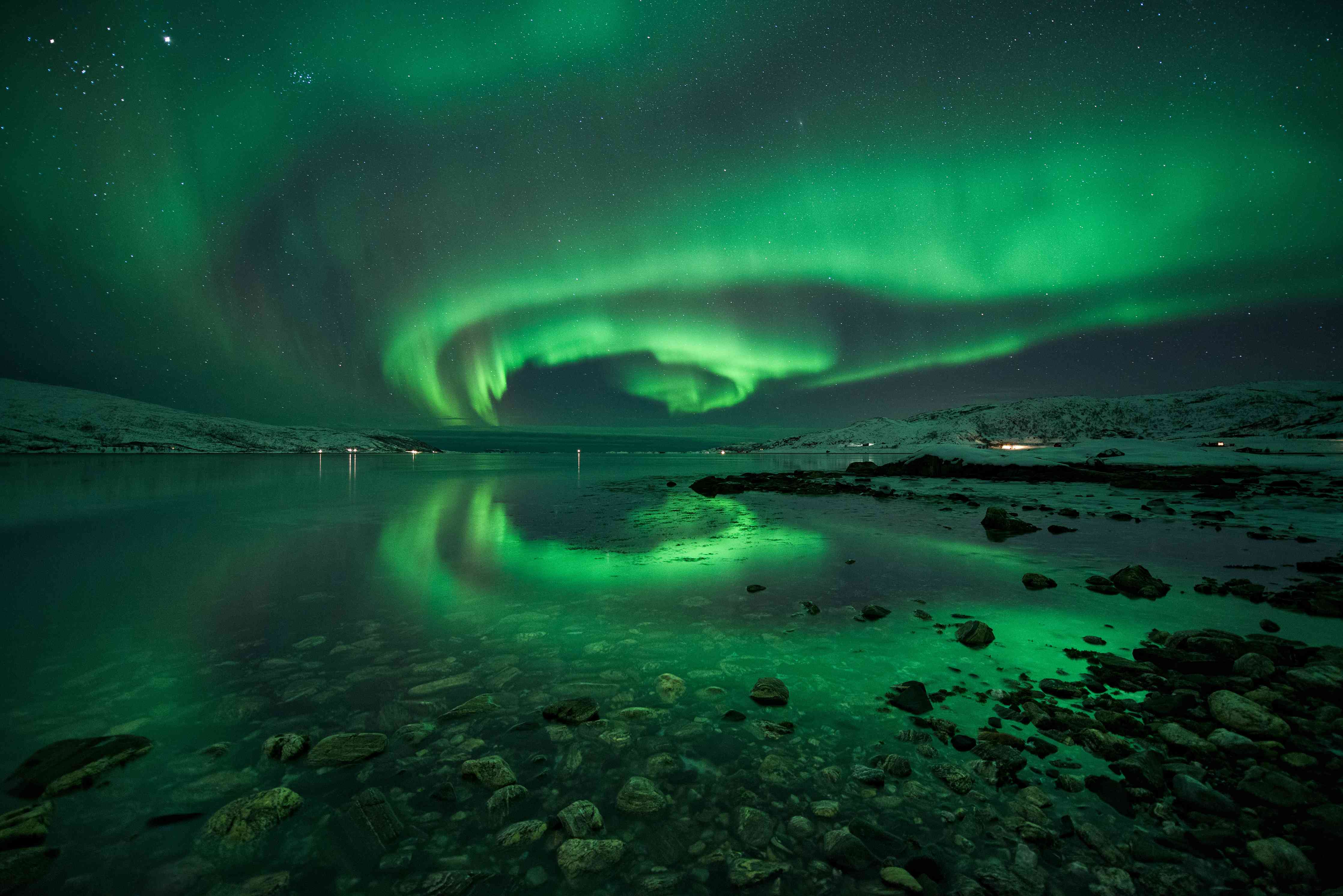 Große Wandbilder-Aurora borealis über Fjord in Island