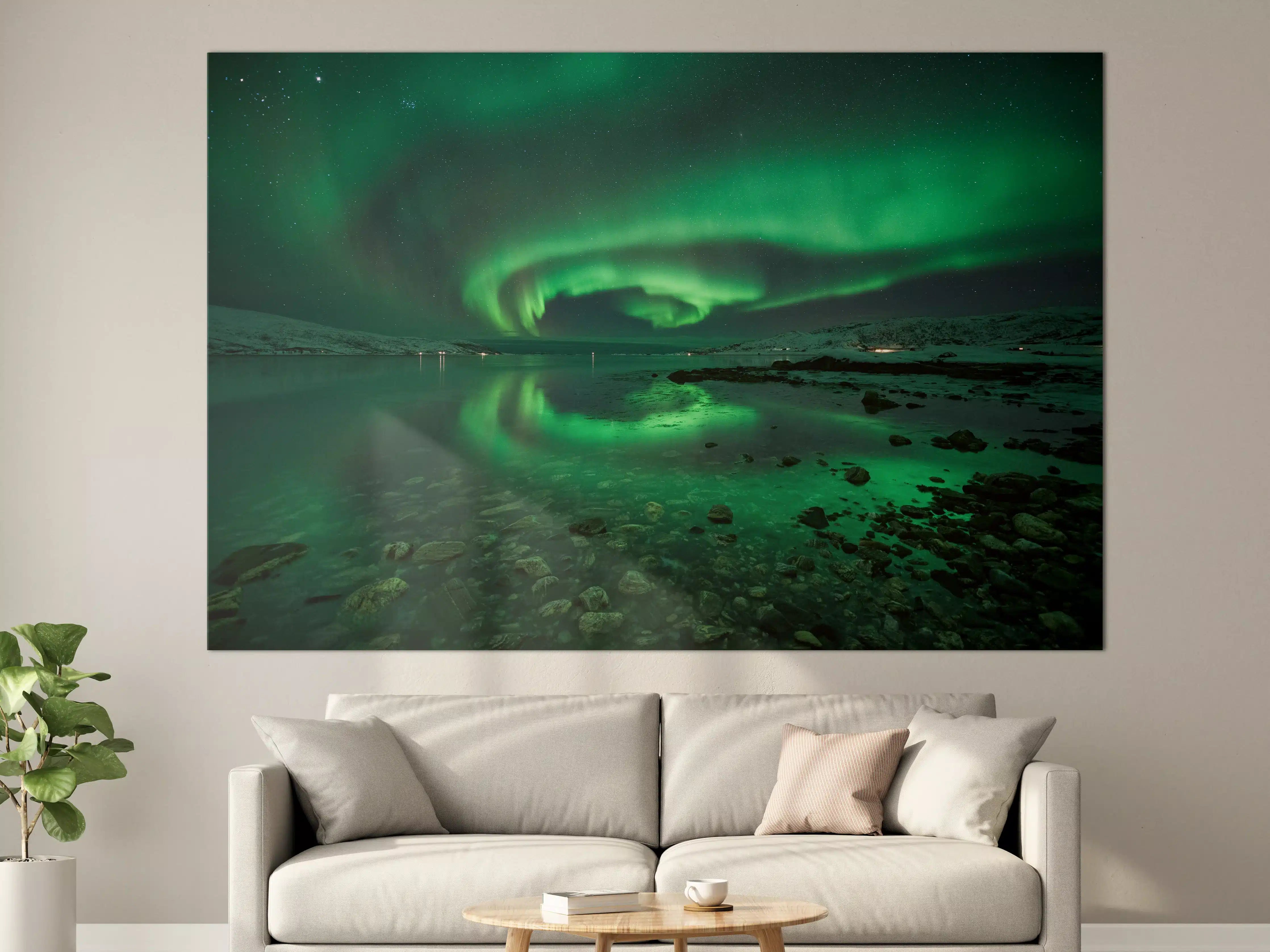 Große Wandbilder - Aurora borealis über Fjord in Island