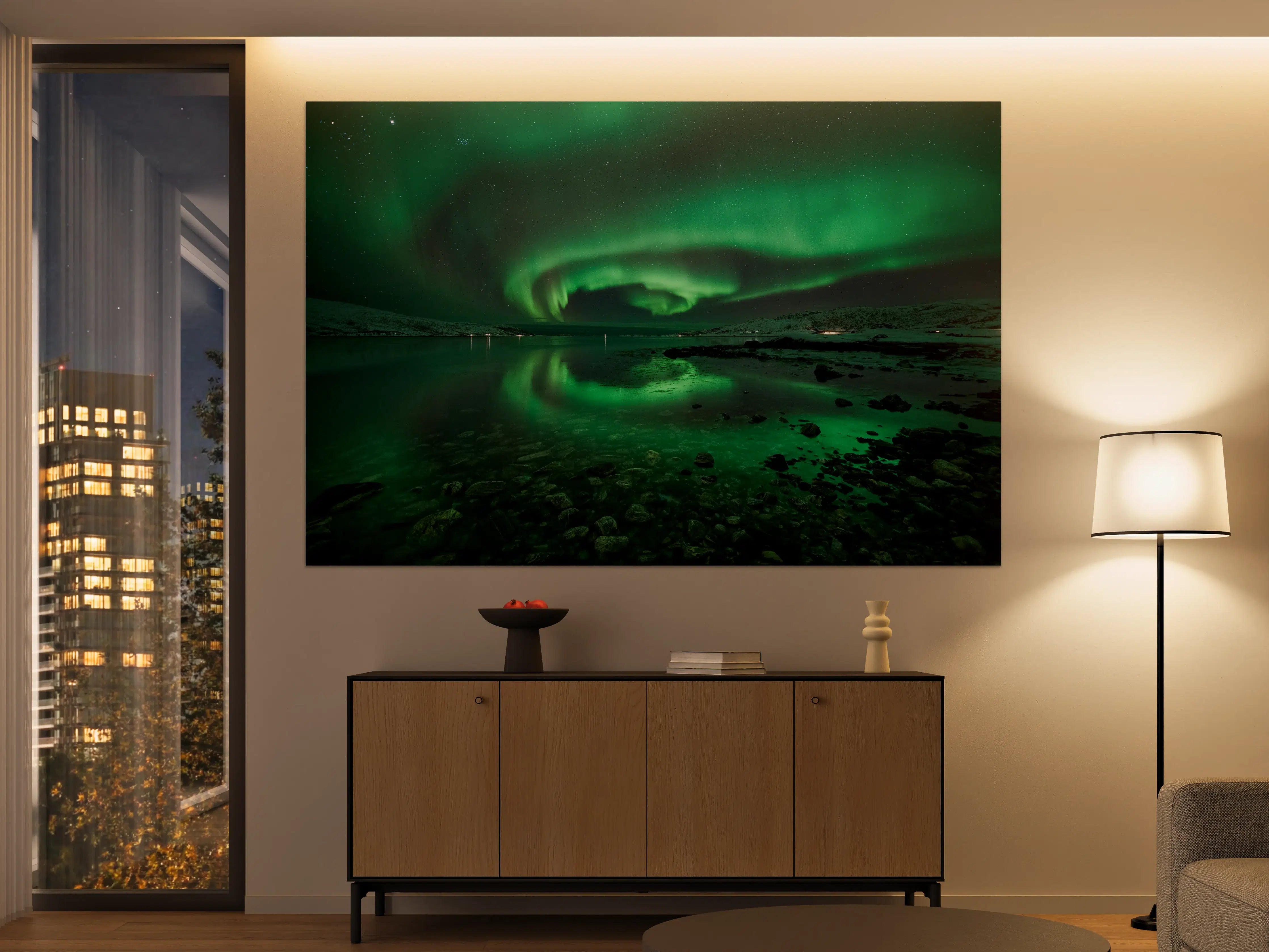 Große Wandbilder - Aurora borealis über Fjord in Island