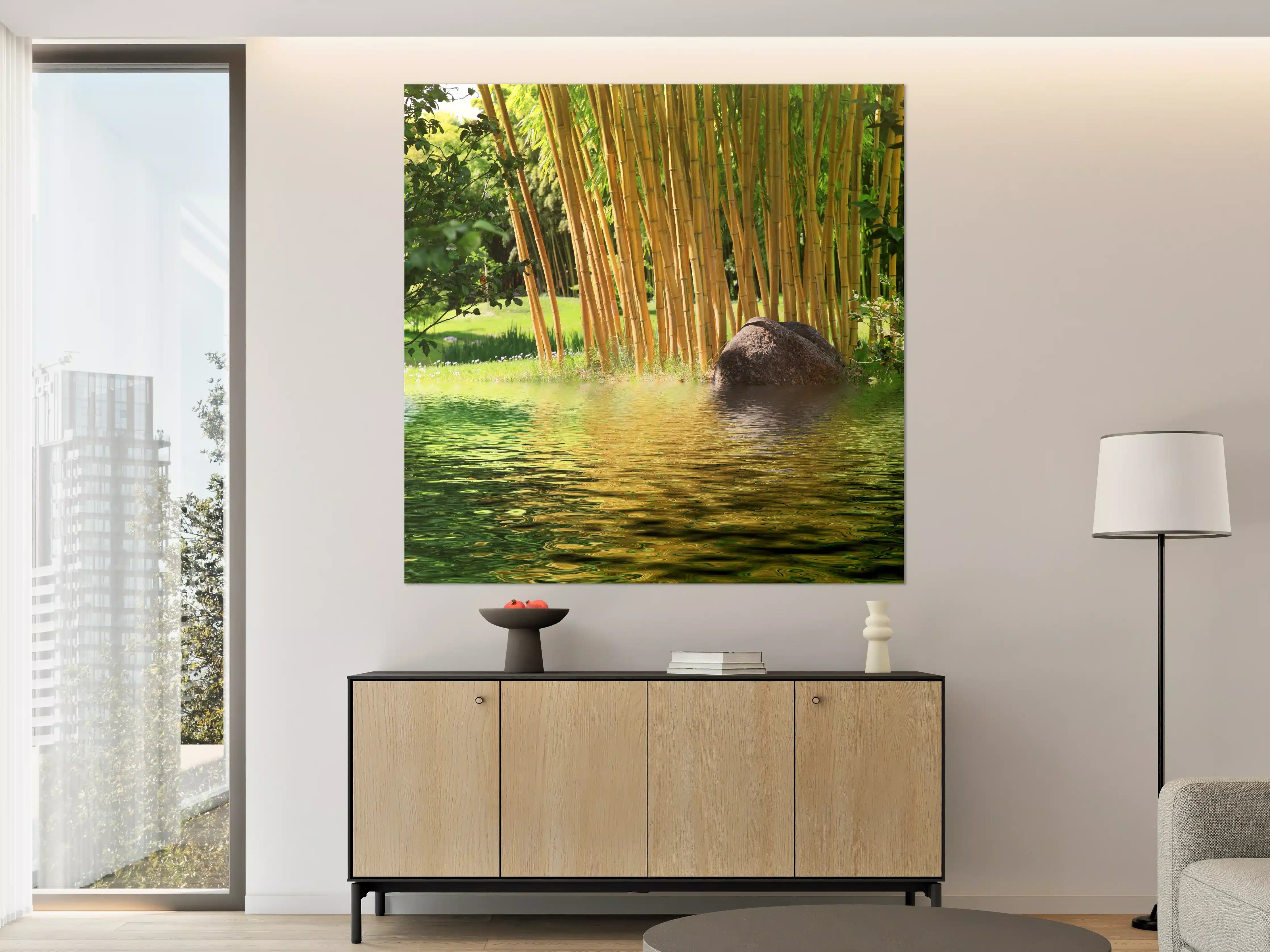 Große Wandbilder - Bambusgarten mit Wasserreflexion