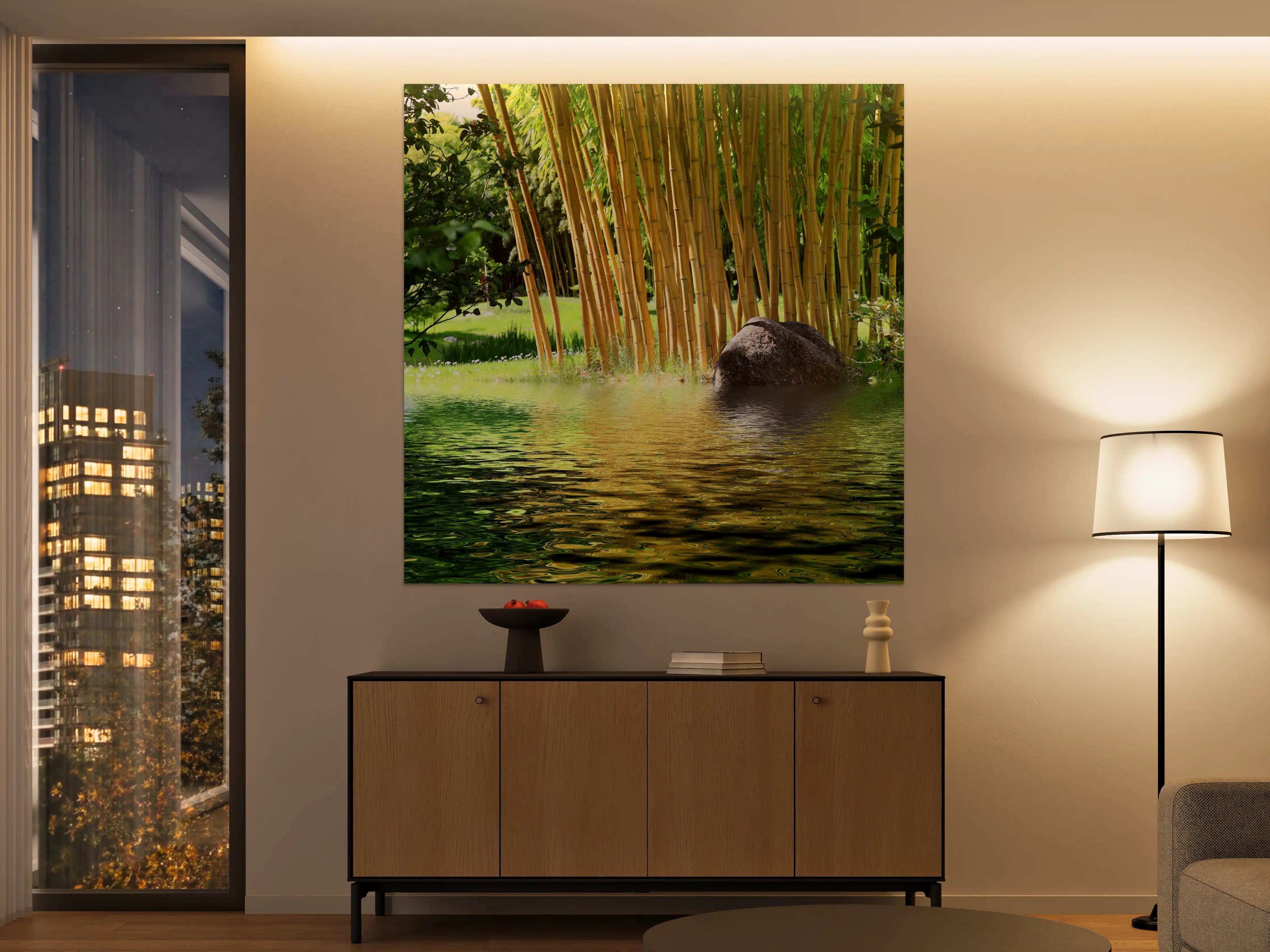 Große Wandbilder - Bambusgarten mit Wasserreflexion