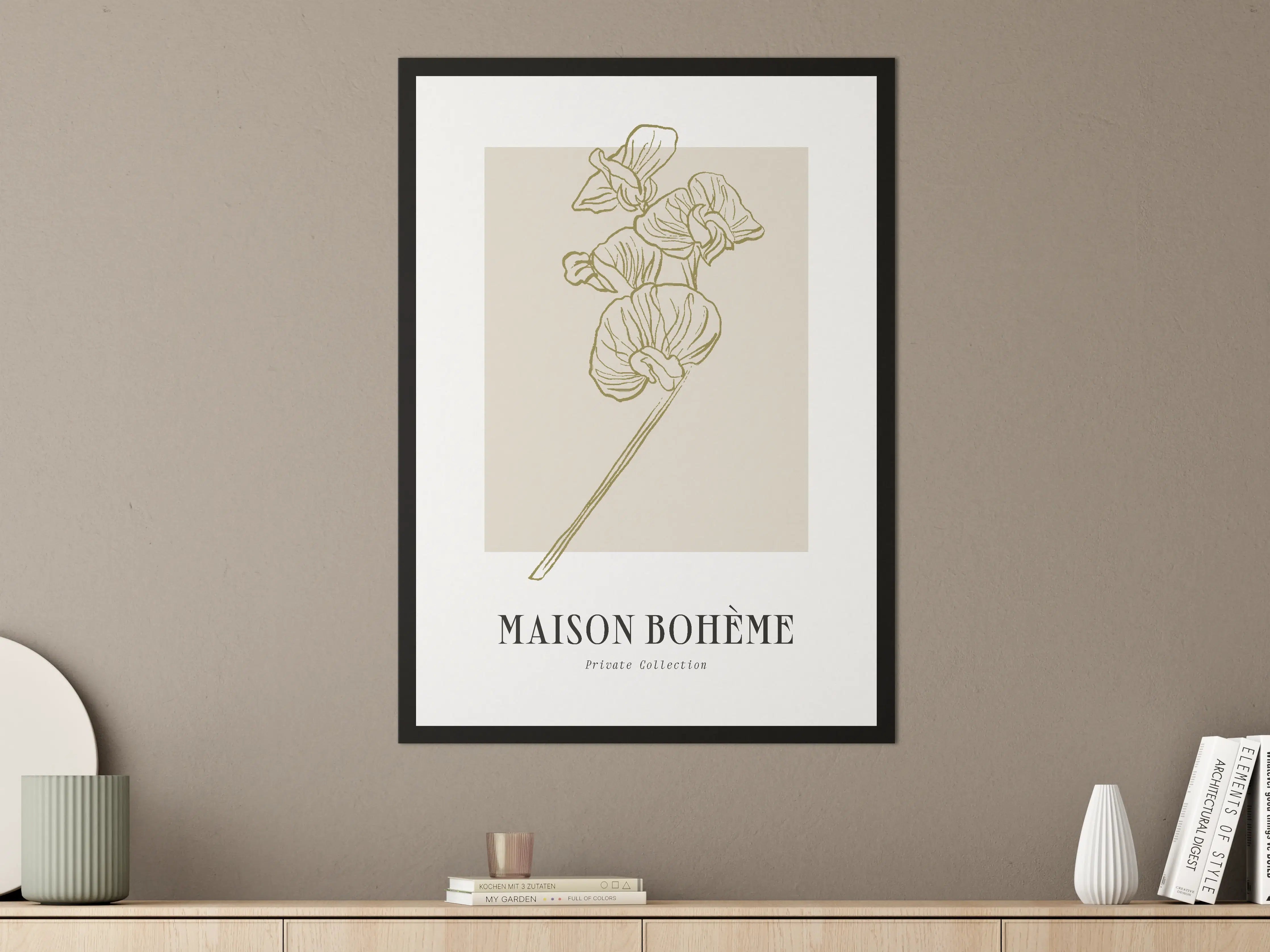 Große Wandbilder - Beige Blumenillustration mit filigranen Linien