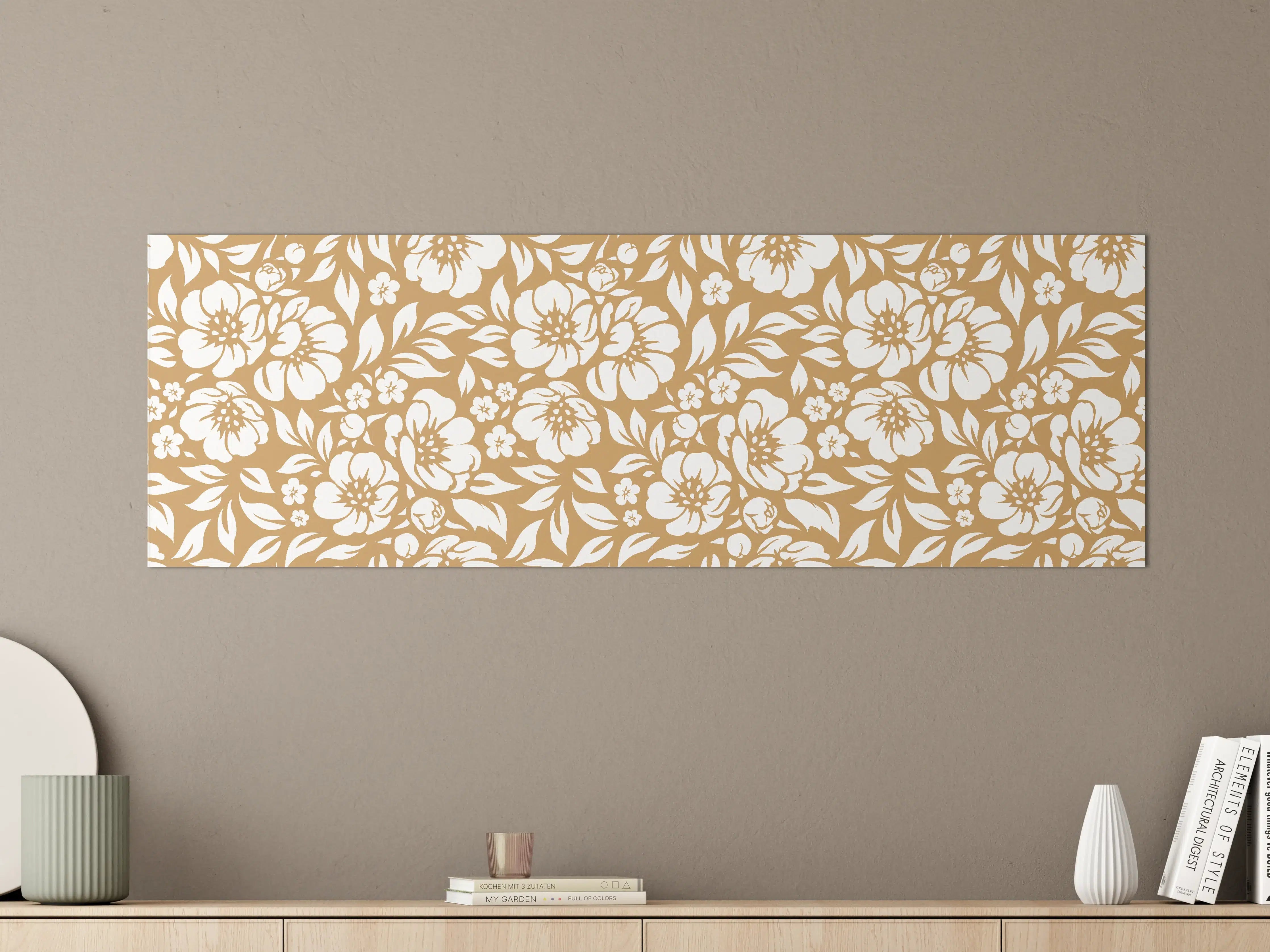 Große Wandbilder - Beige-Blumenmuster mit weißen Blüten