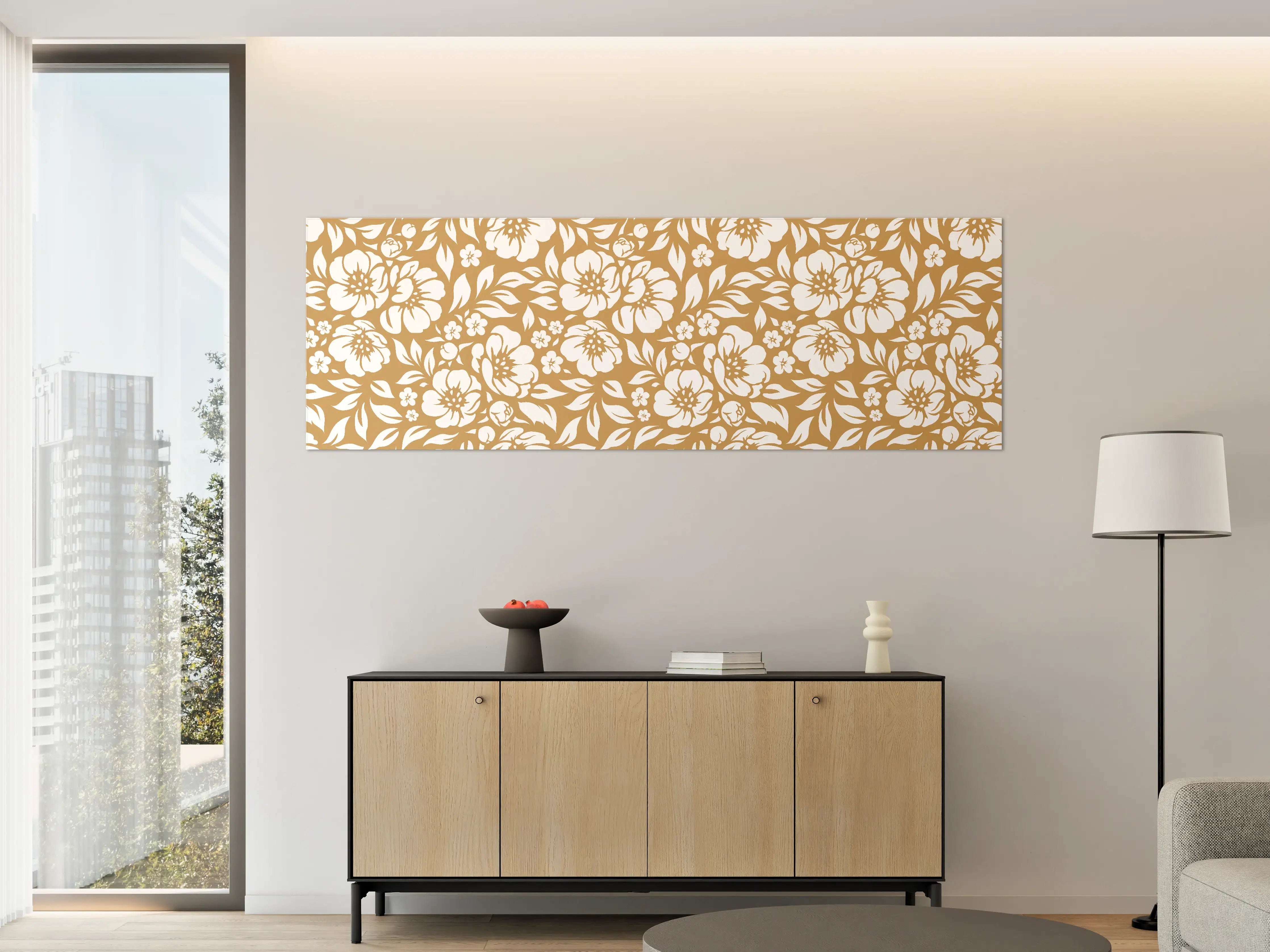 Große Wandbilder - Beige-Blumenmuster mit weißen Blüten