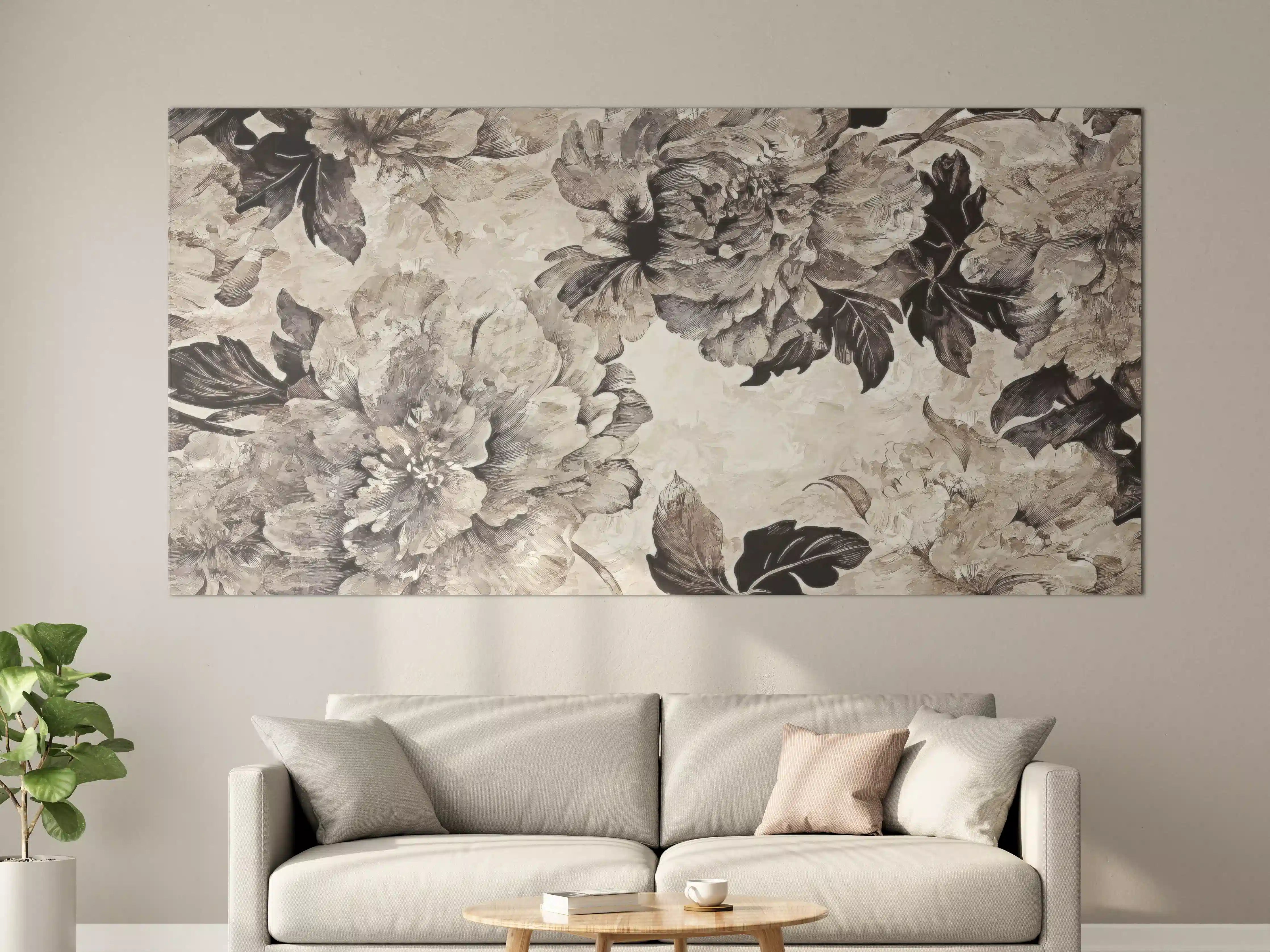 Große Wandbilder - Beige Blumenpanorama Kunstwerk