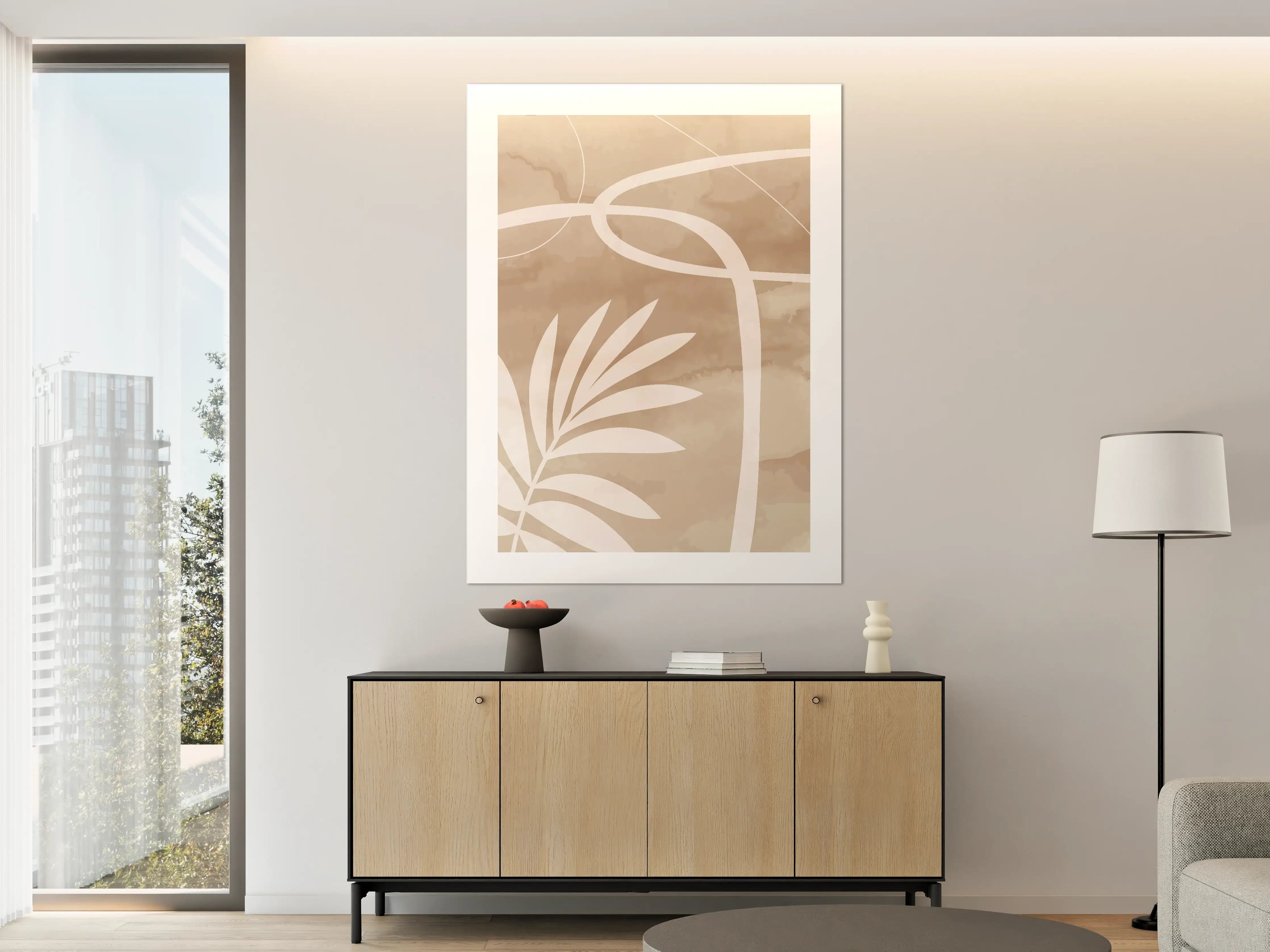 Große Wandbilder - Beige-Erdtöne mit zarten Linien und Blattemuster