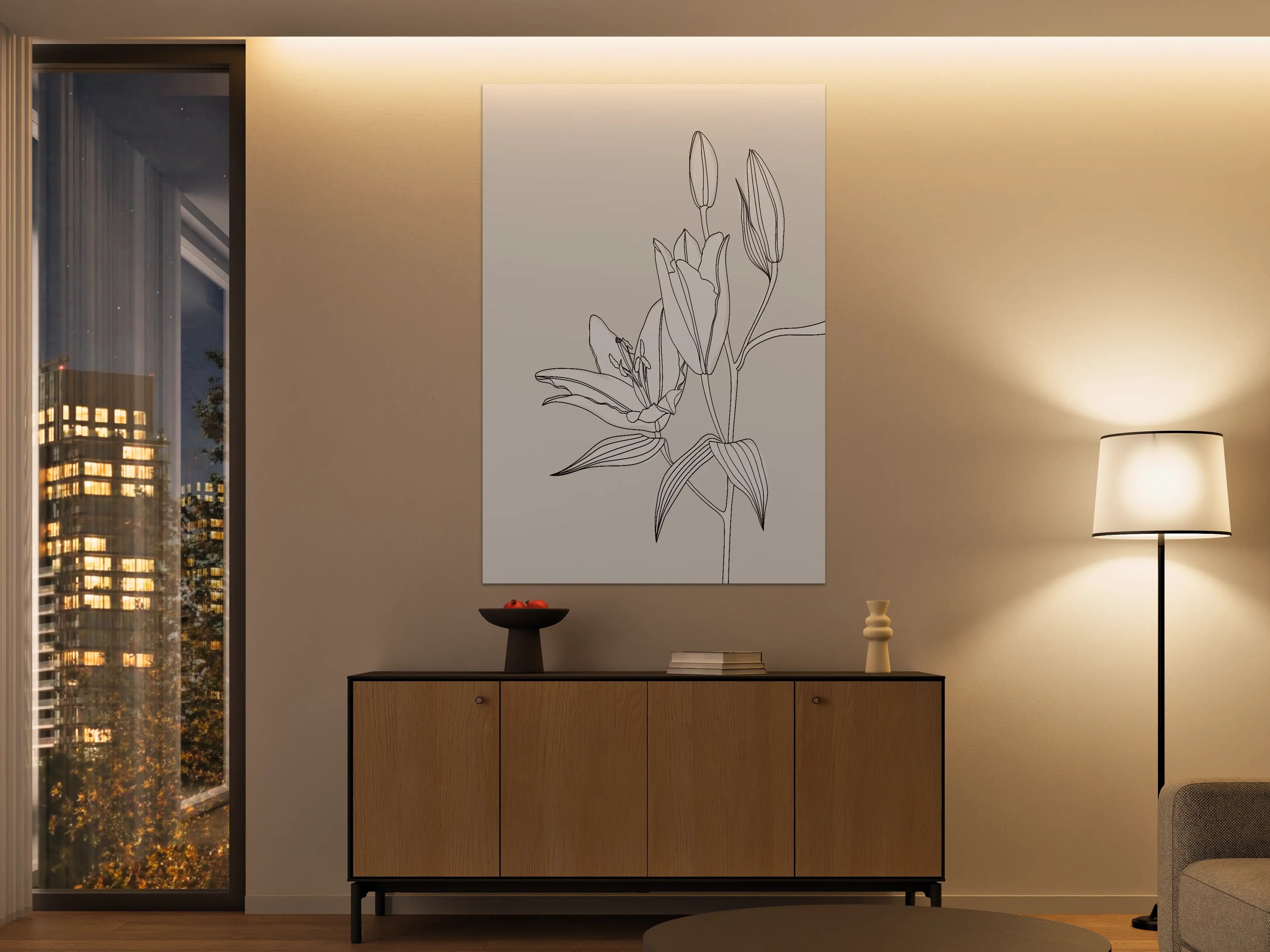 Große Wandbilder - Beige Lilien Linienkunst