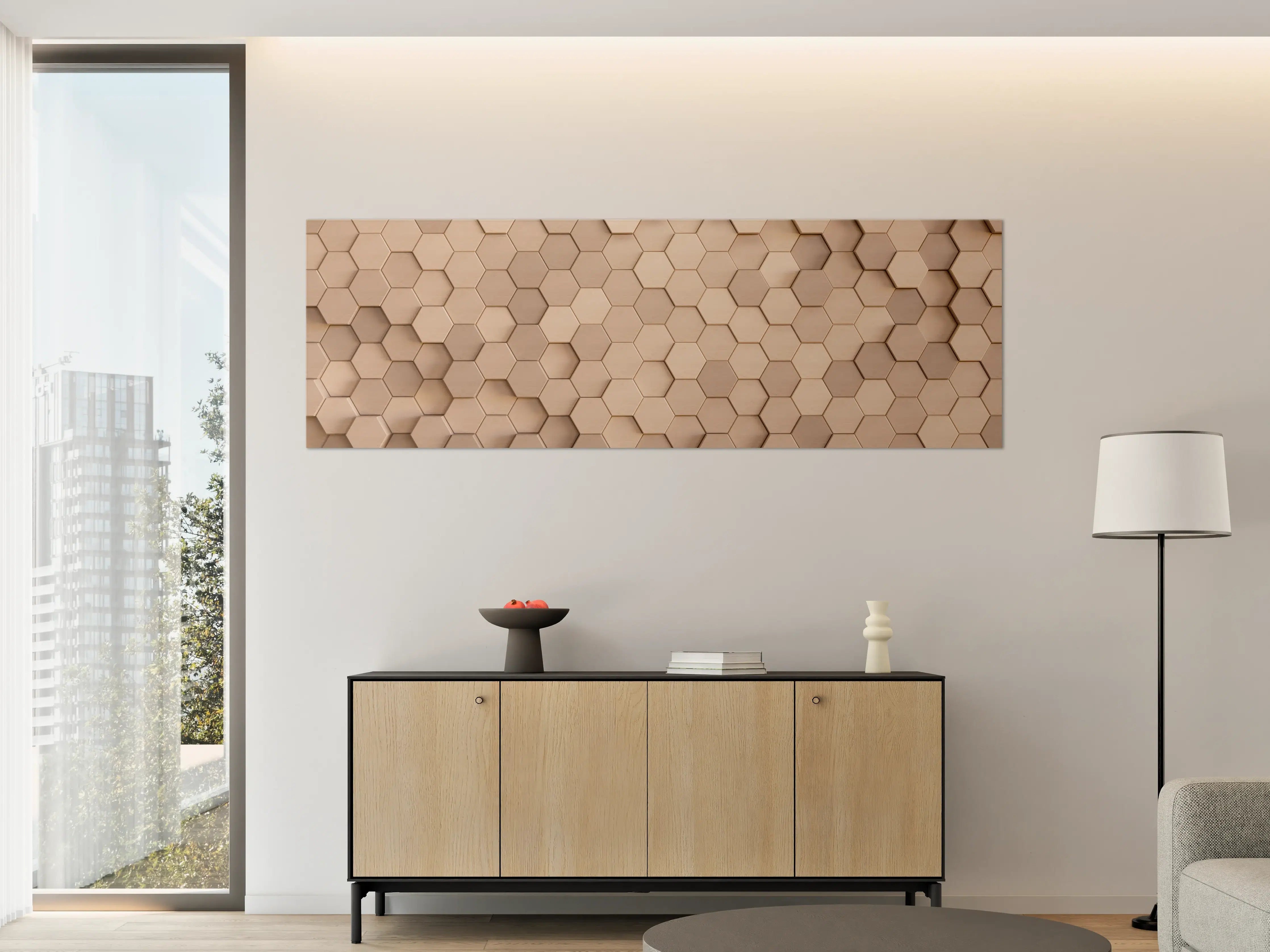 Große Wandbilder - Beige-Weiße Hexagon-Musterwand