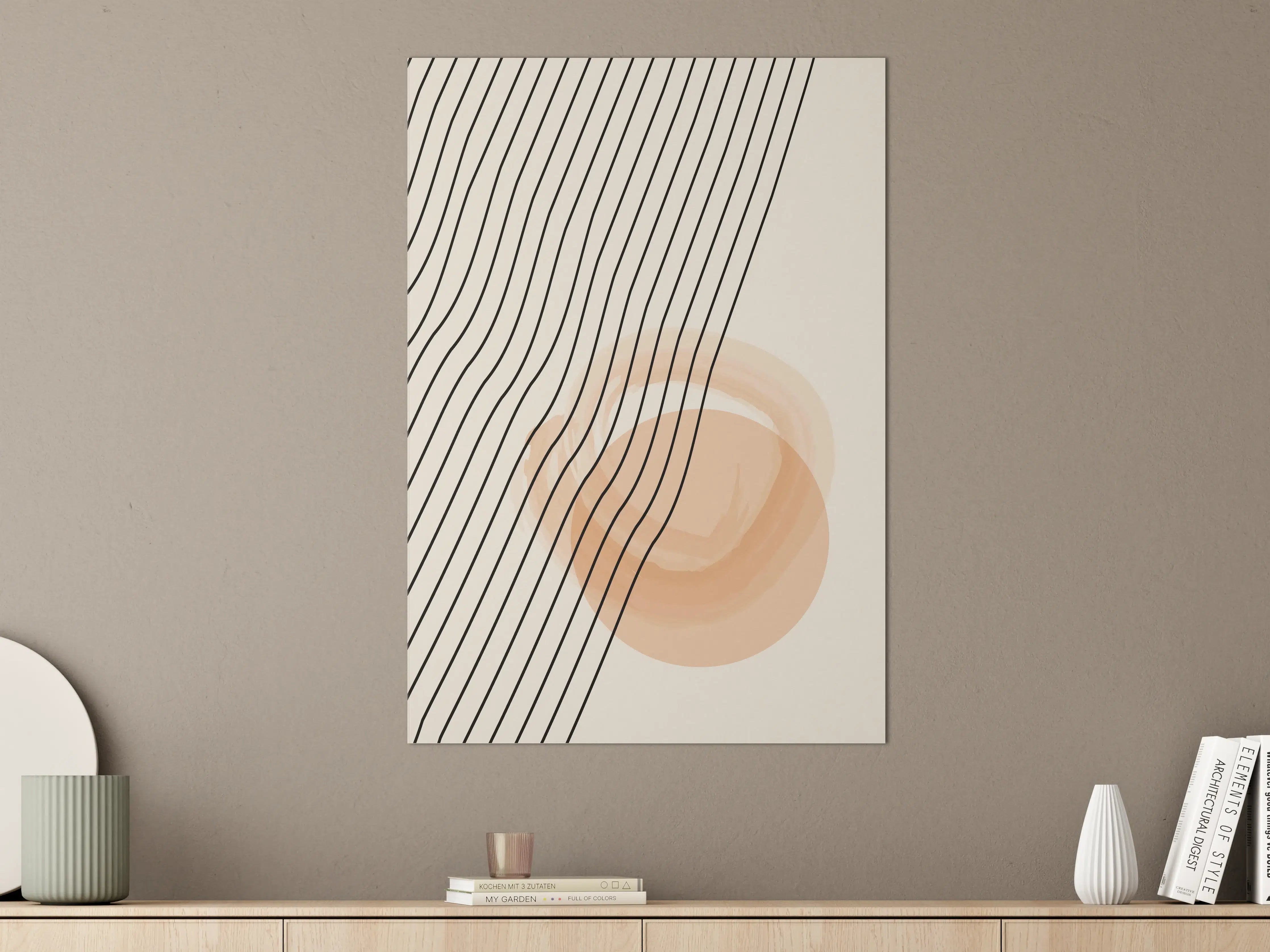 Große Wandbilder - Beige abstraktes Kunstwerk mit Linien und Kreis