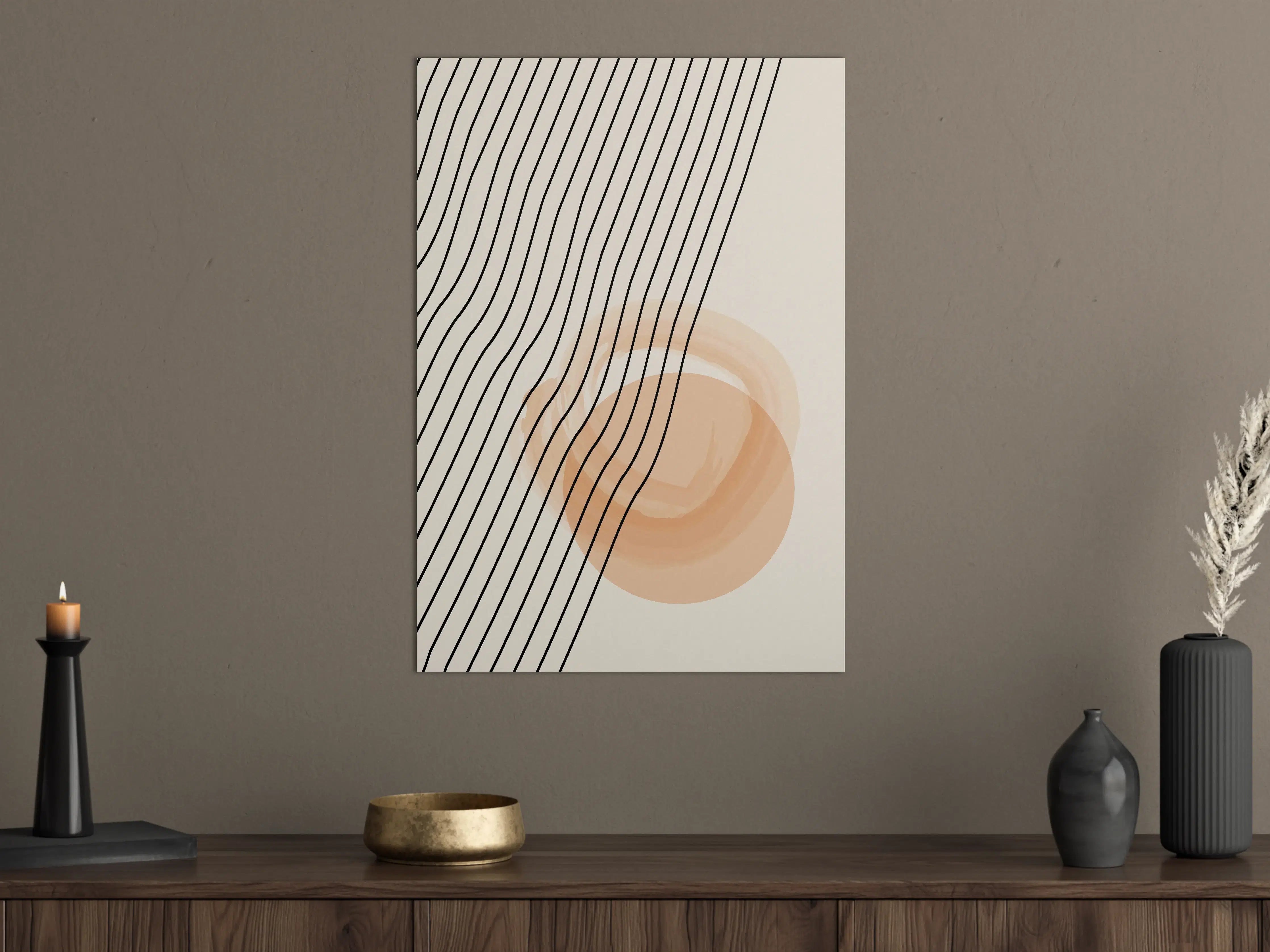 Große Wandbilder - Beige abstraktes Kunstwerk mit Linien und Kreis