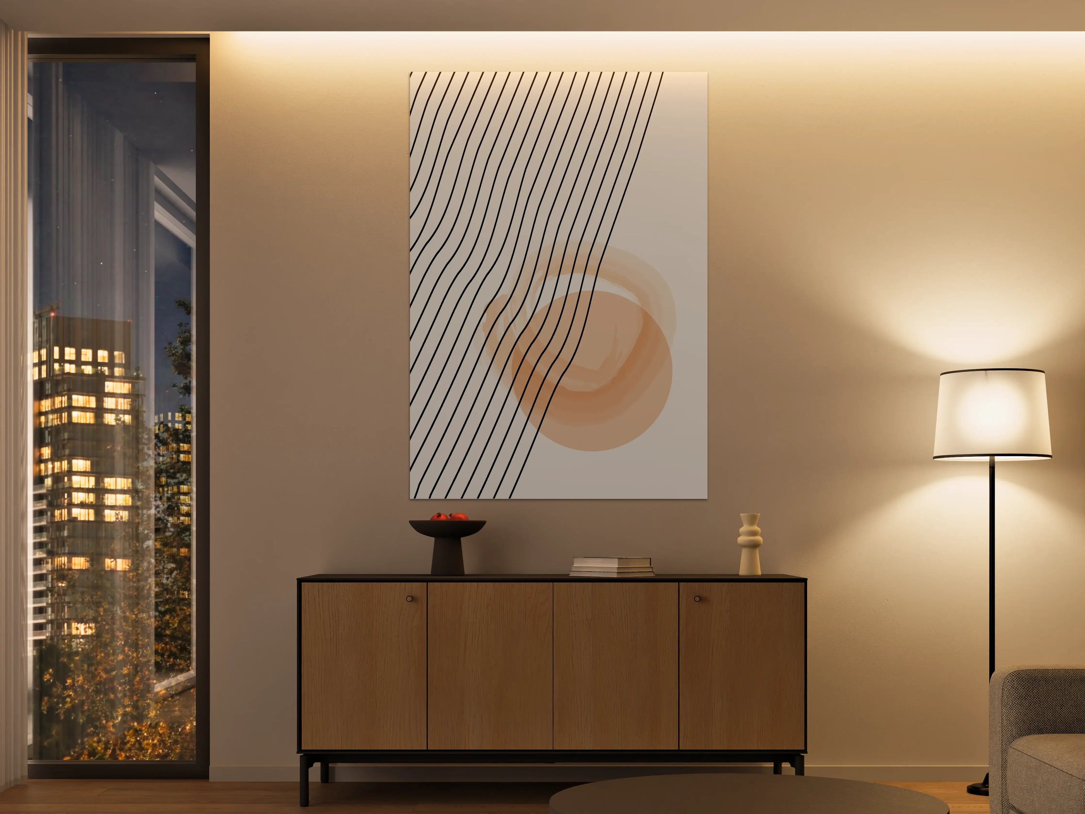 Große Wandbilder - Beige abstraktes Kunstwerk mit Linien und Kreis