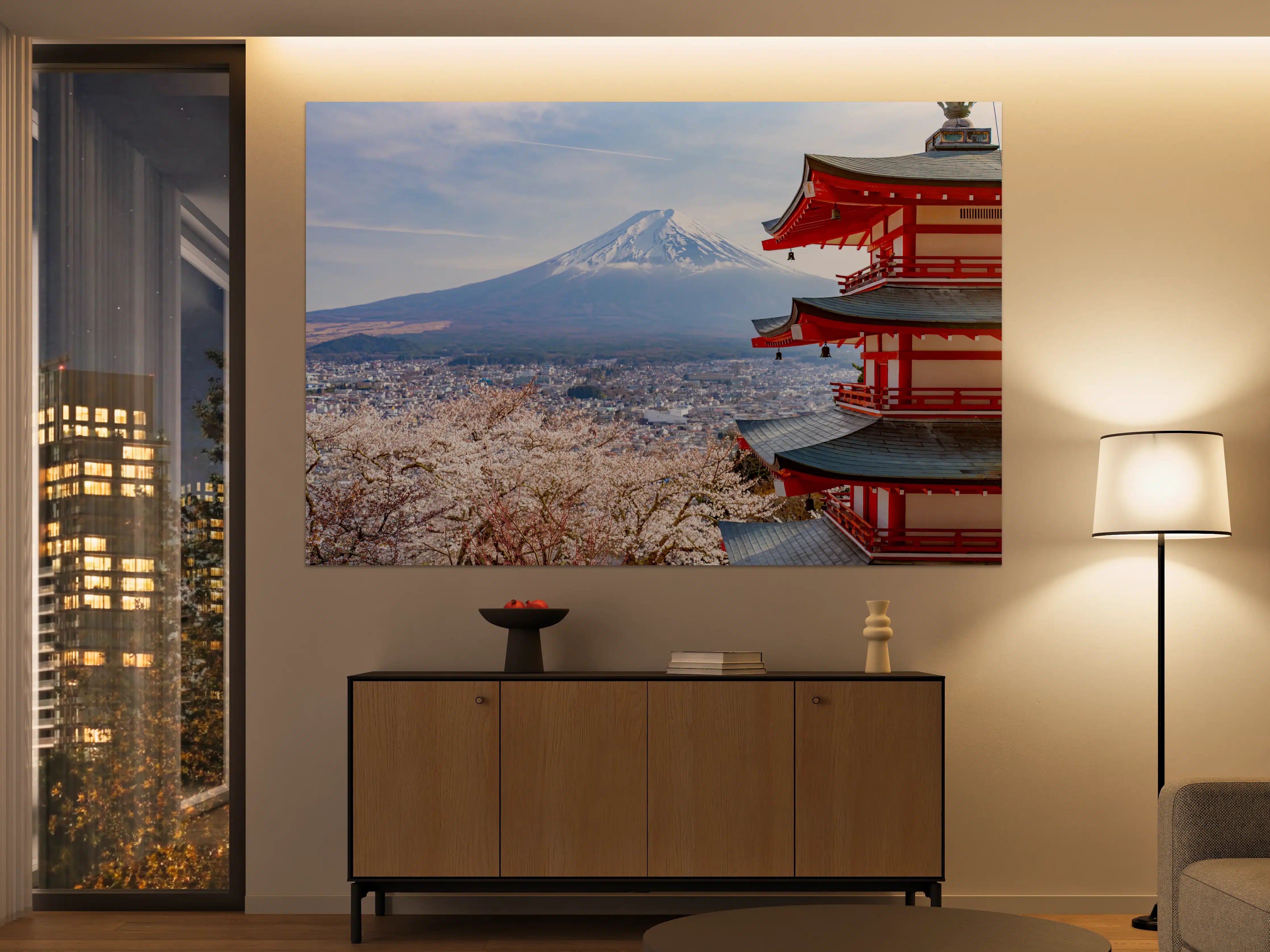 Große Wandbilder - Berg Fuji mit traditionellem Tempel vor Kirschblüten