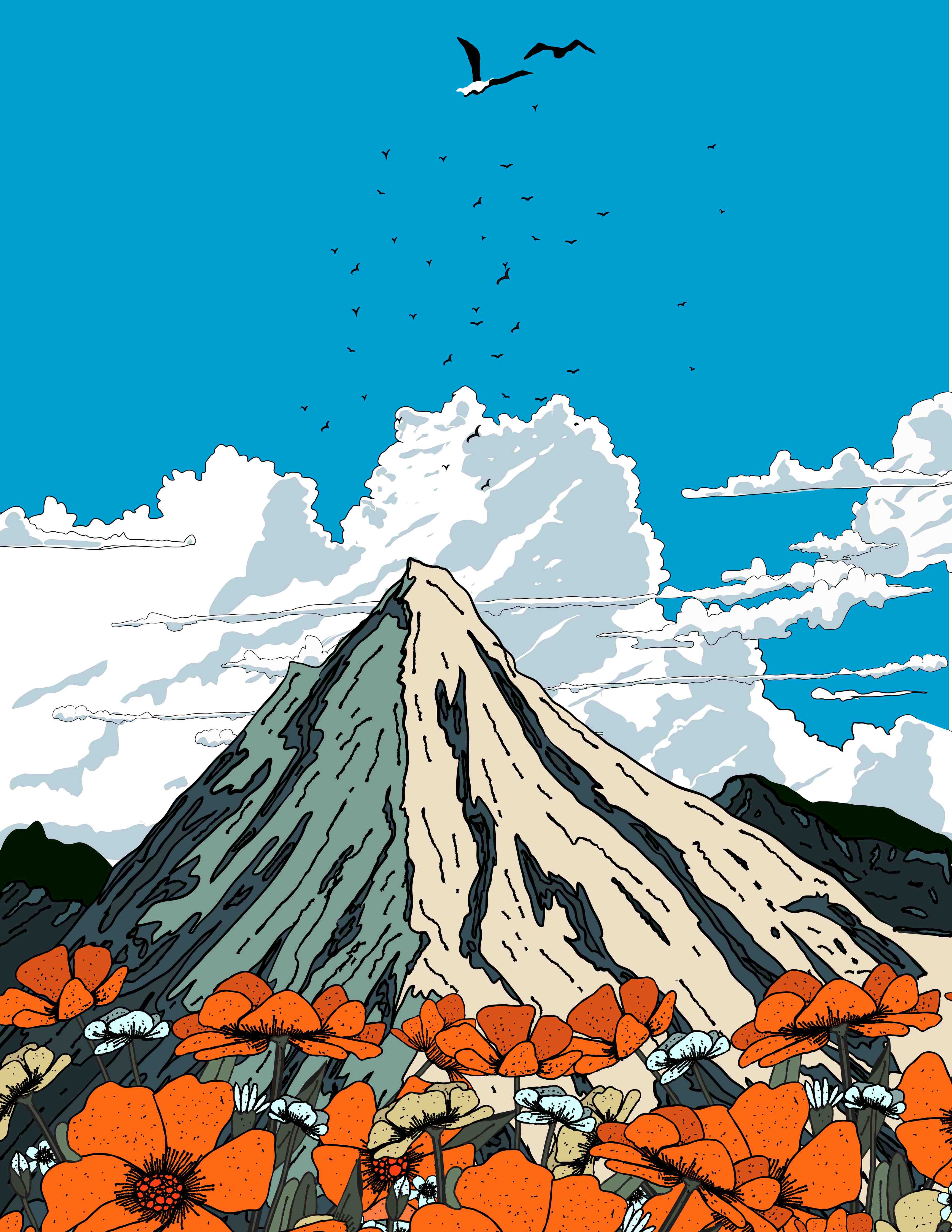 Große Wandbilder-Berglandschaft mit orangefarbenen Blumen