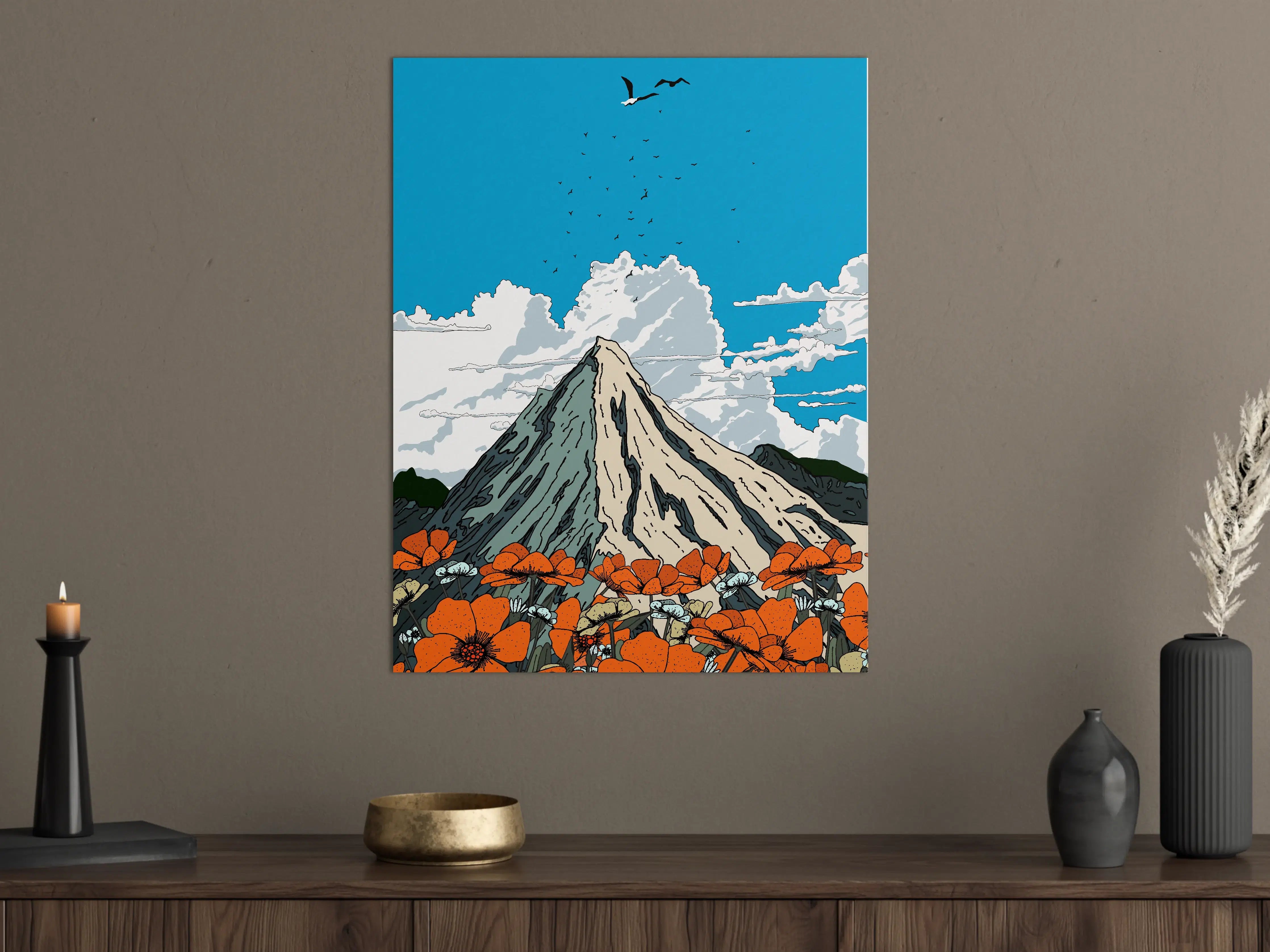 Große Wandbilder - Berglandschaft mit orangefarbenen Blumen