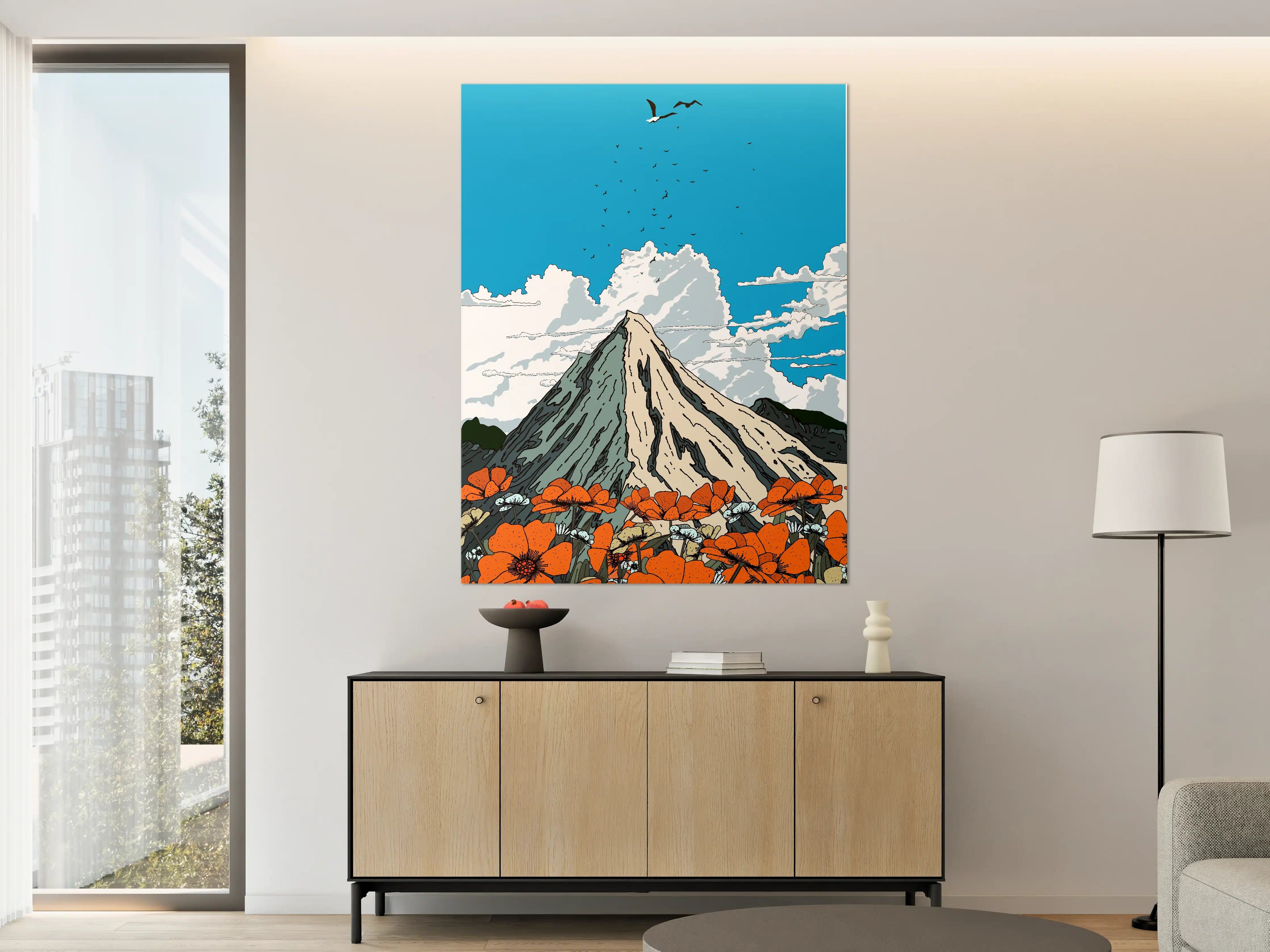 Große Wandbilder - Berglandschaft mit orangefarbenen Blumen