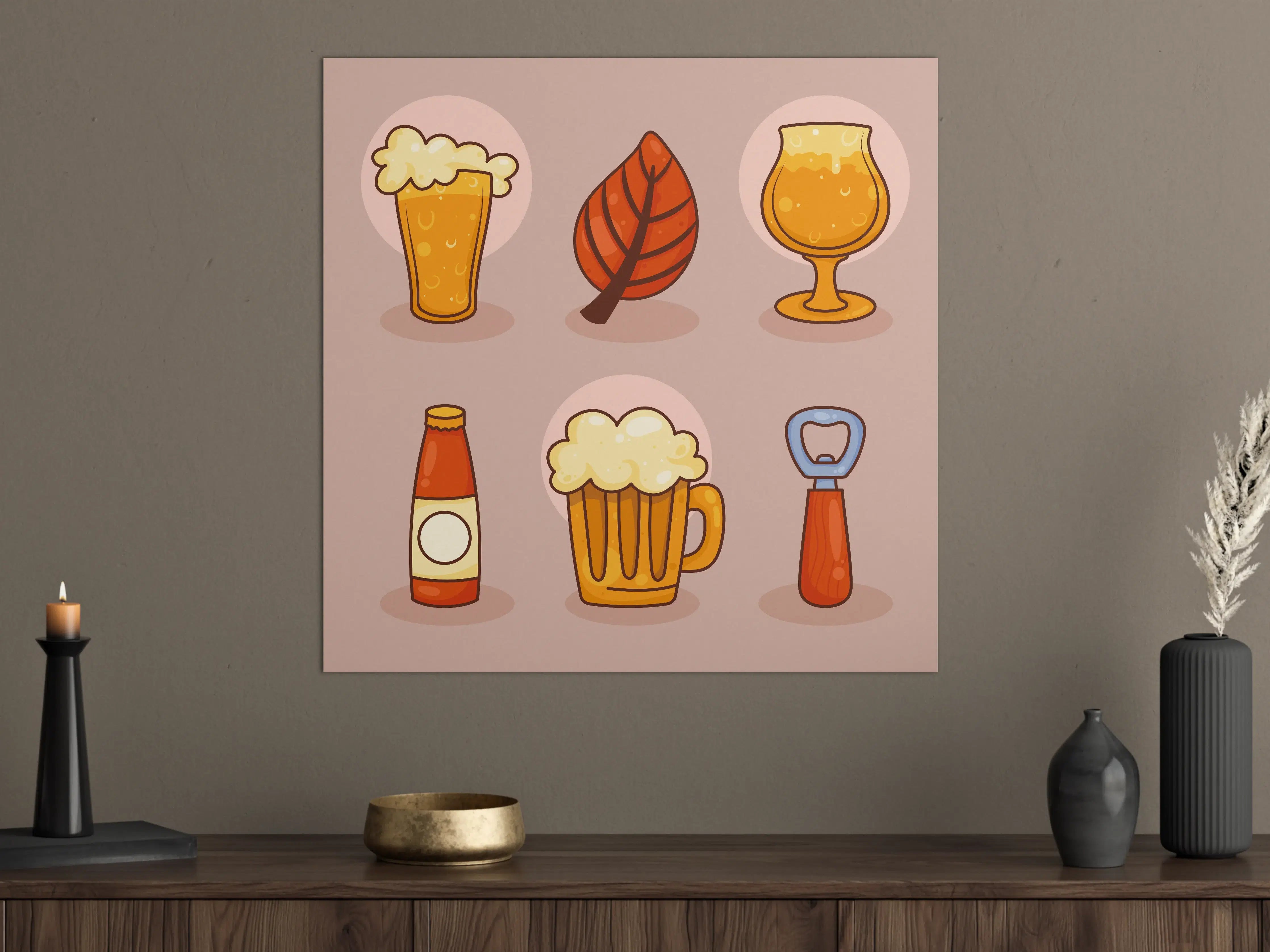 Große Wandbilder - Bier, Blatt und Glas in Cartoon-Optik