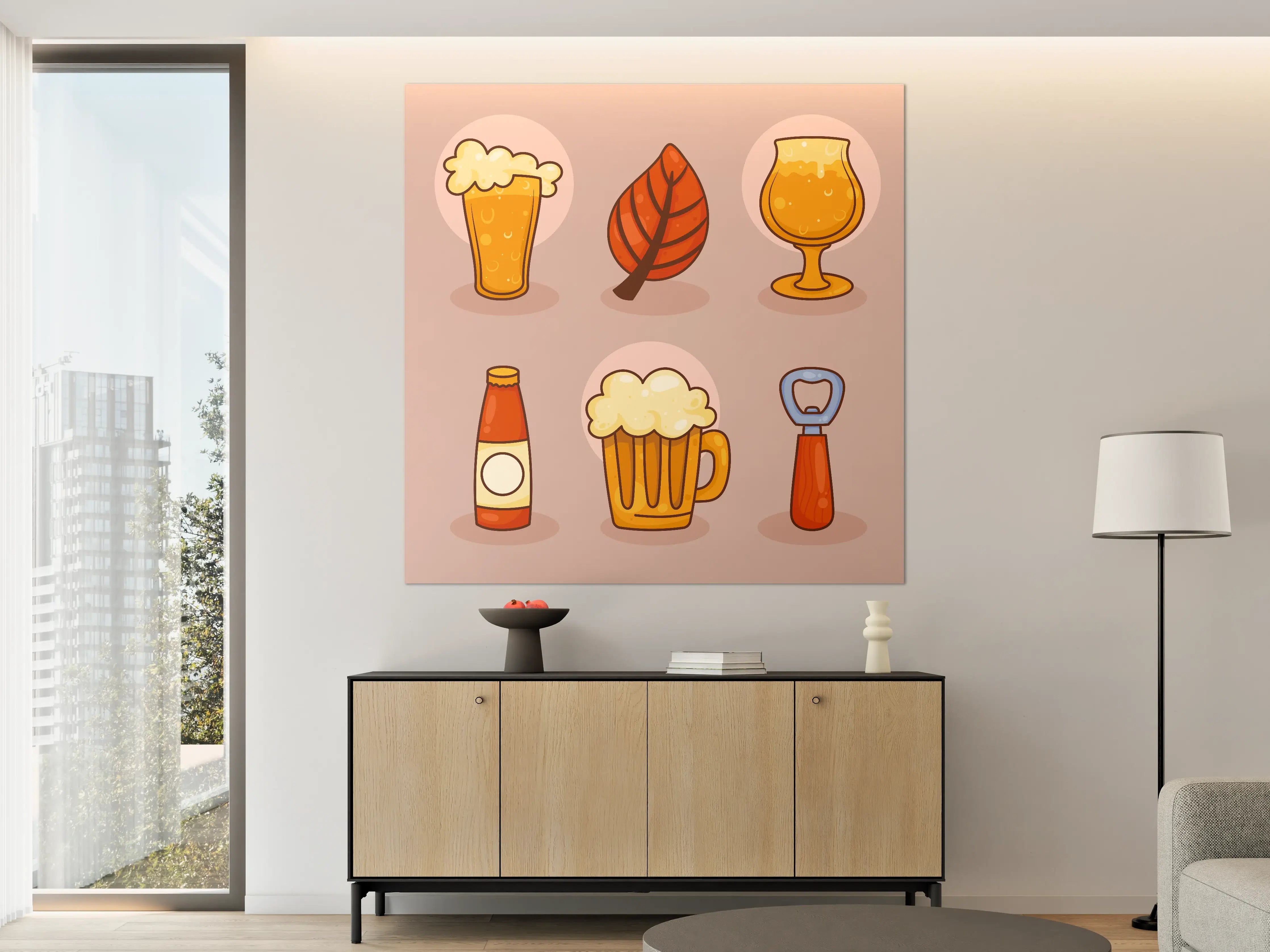 Große Wandbilder - Bier, Blatt und Glas in Cartoon-Optik