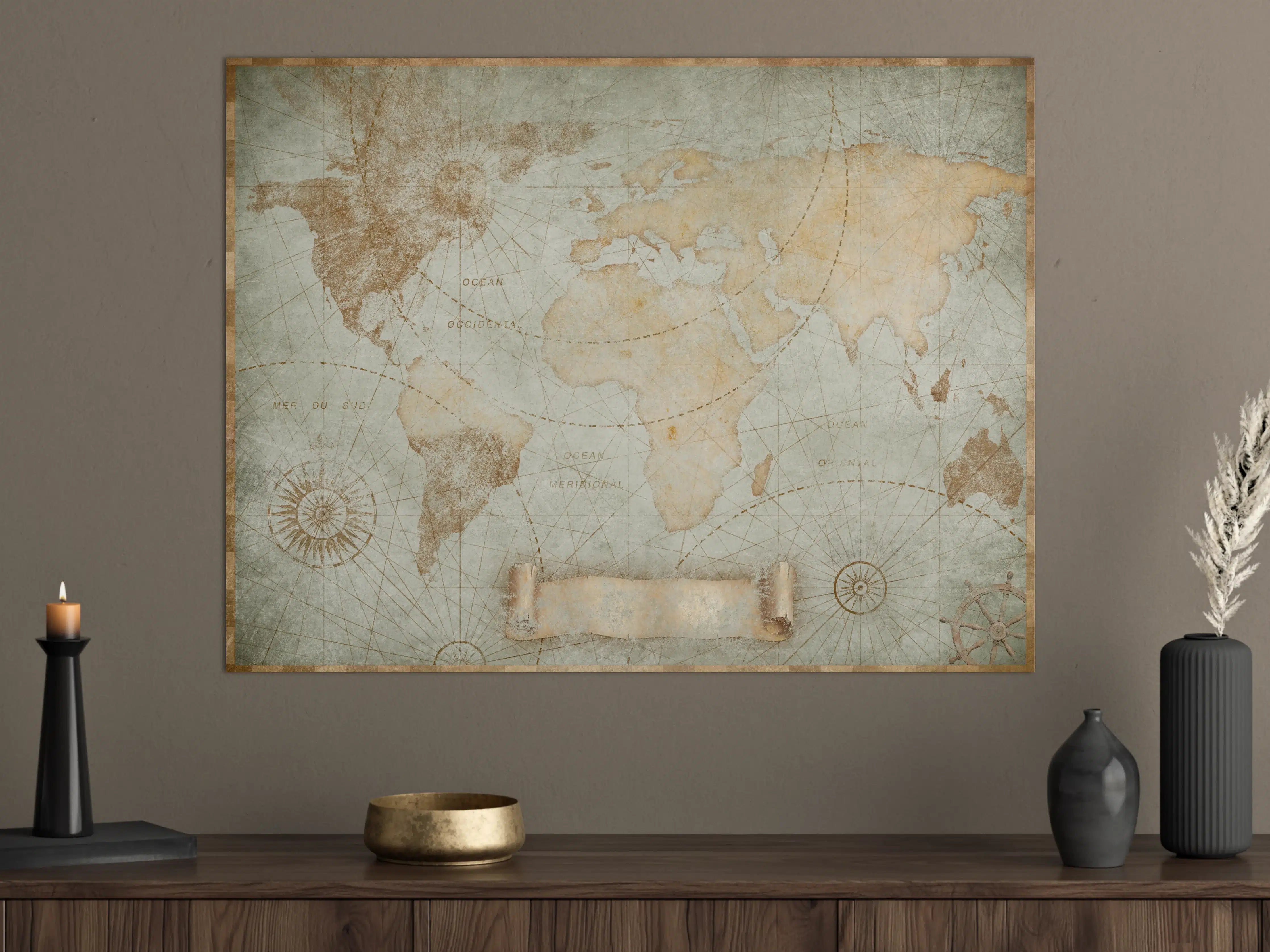 Große Wandbilder - Bläuliche Vintage-Weltkarte