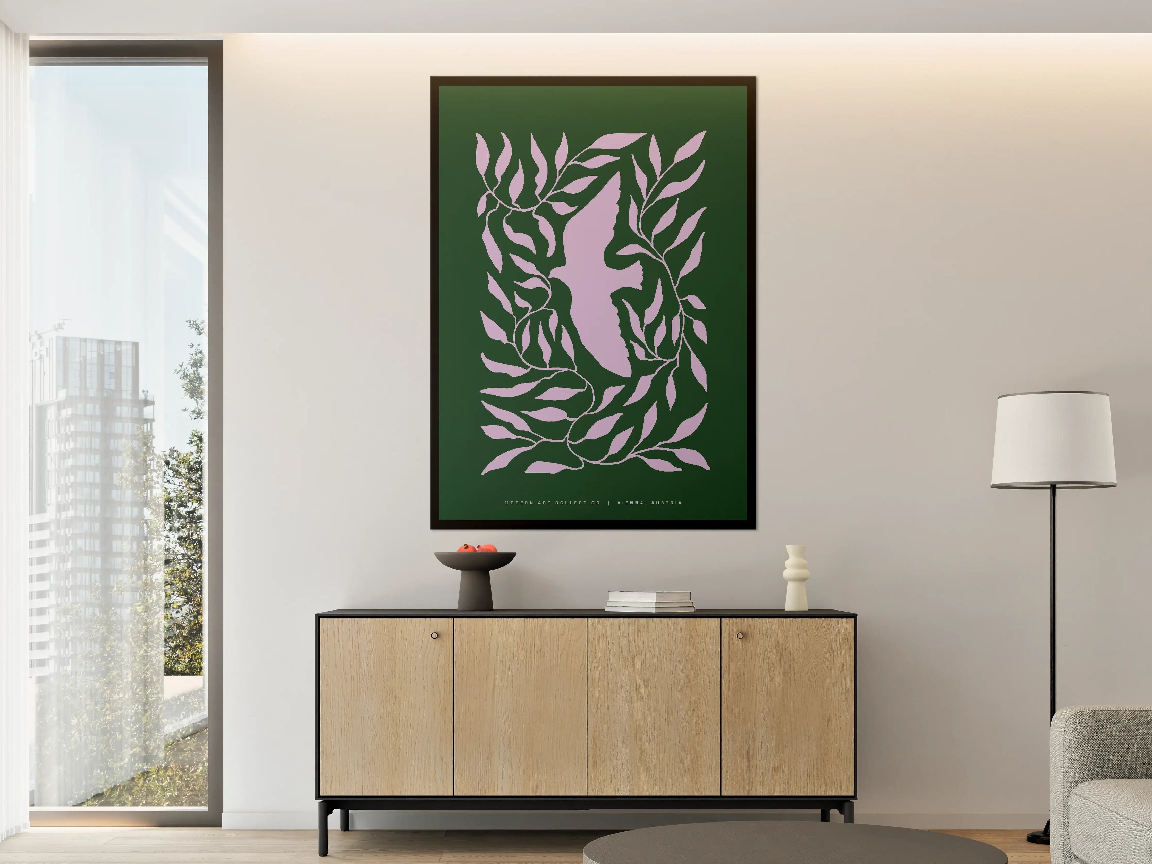 Große Wandbilder - Blattmuster in Lila auf Dunkelgrünem Hintergrund