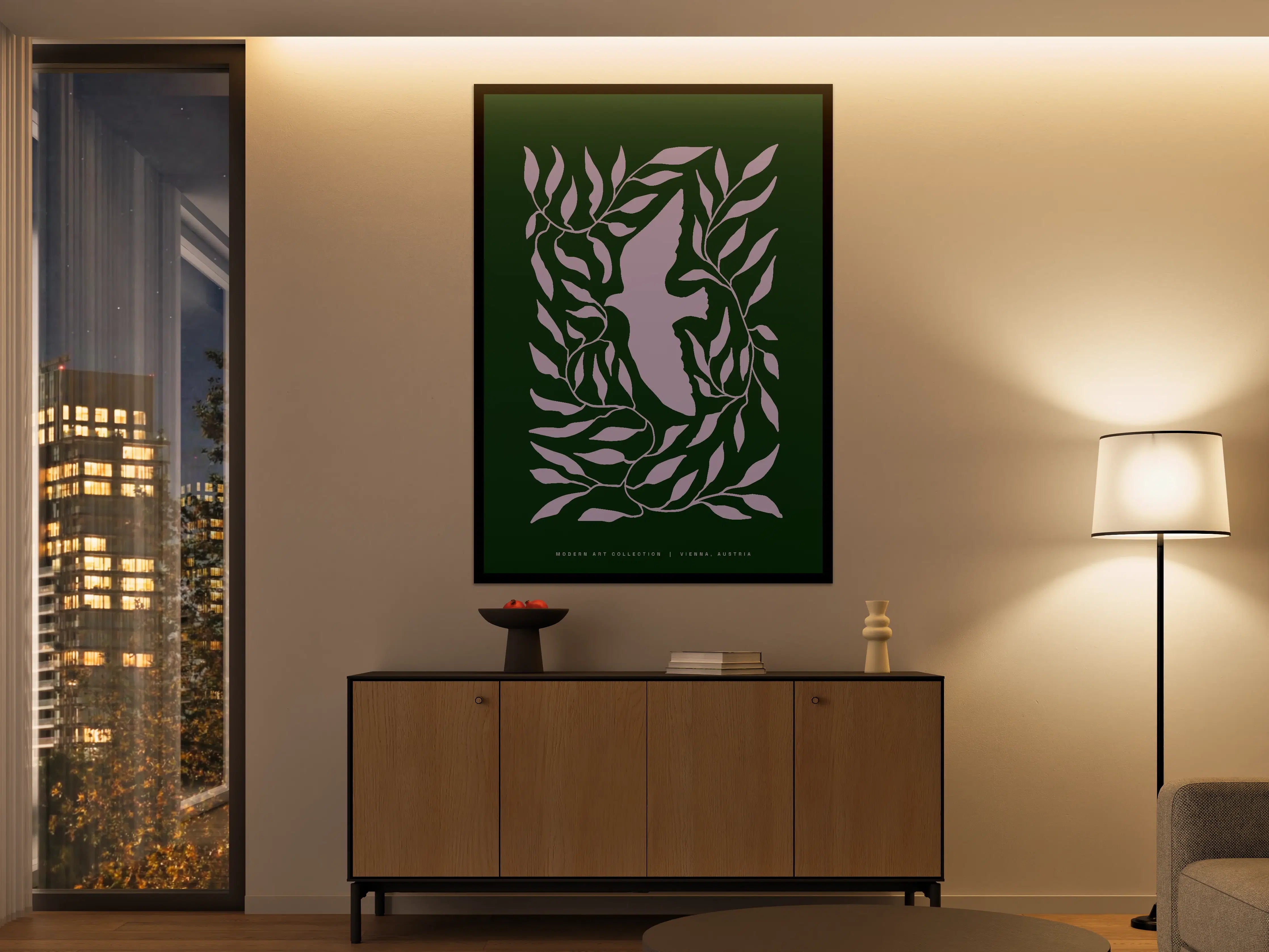 Große Wandbilder - Blattmuster in Lila auf Dunkelgrünem Hintergrund