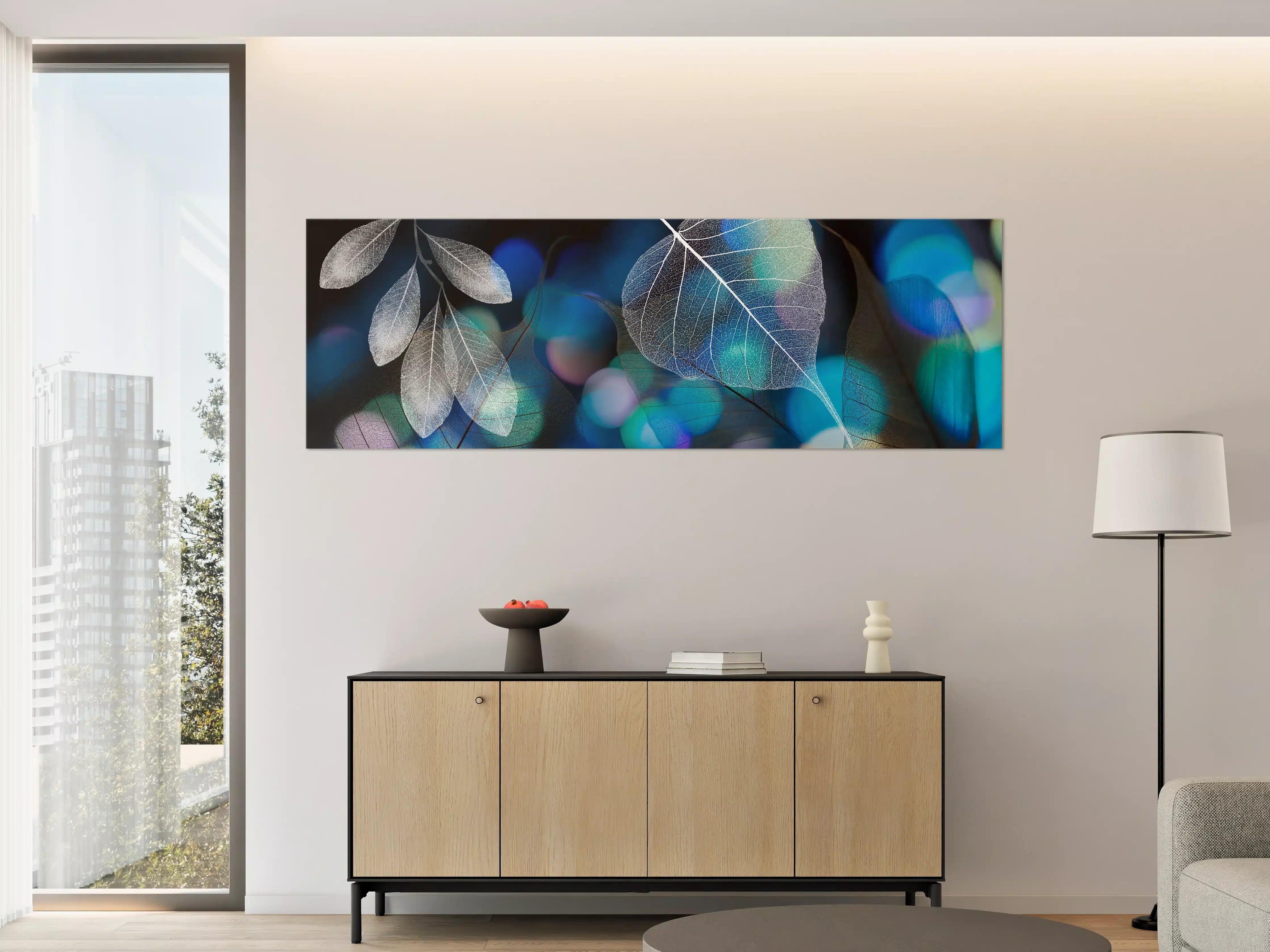 Große Wandbilder - Blattstruktur mit Lichtbokeh Effekt