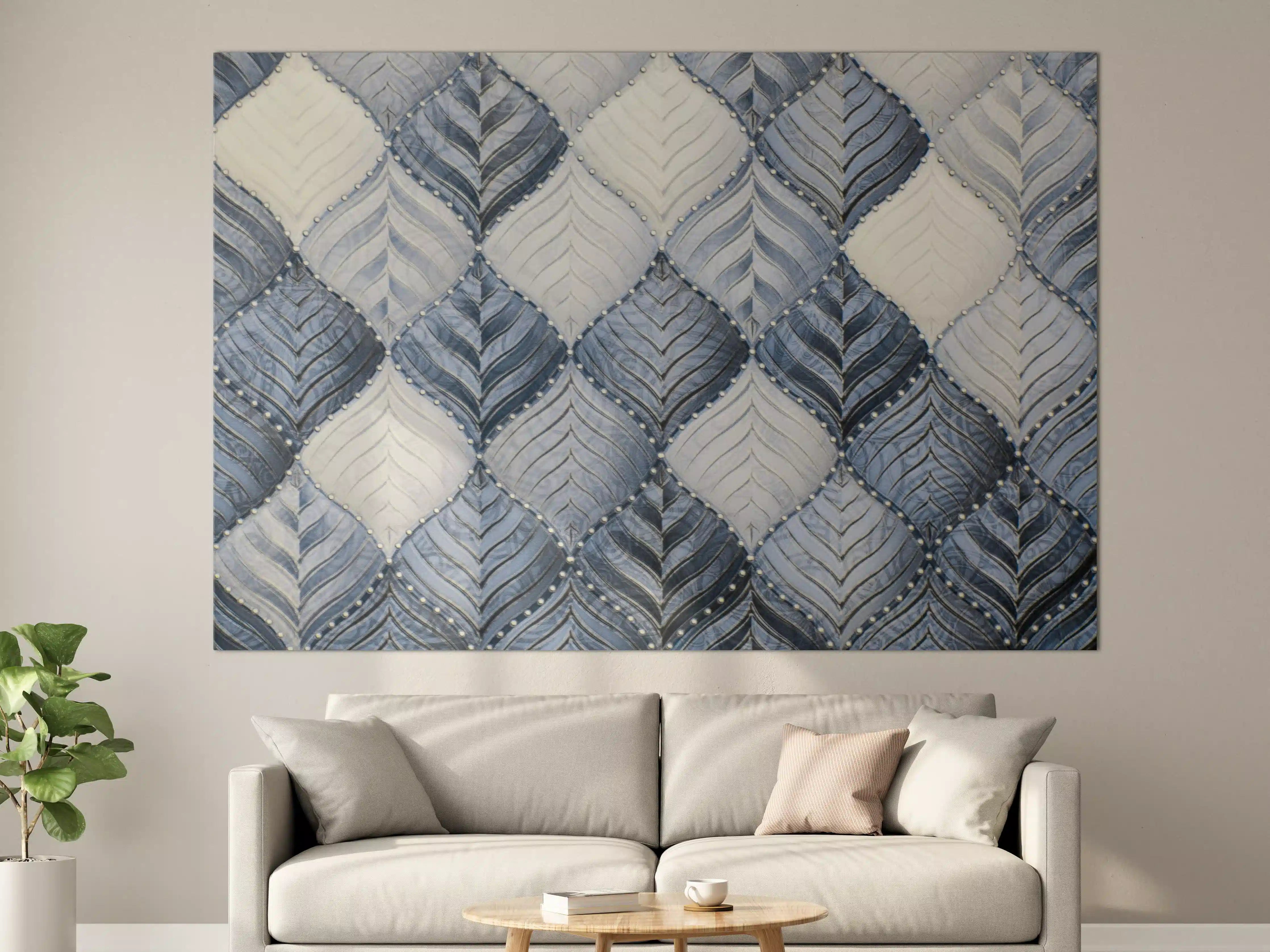 Große Wandbilder - Blau-Weiße Makrofotografie von Stoffmustern