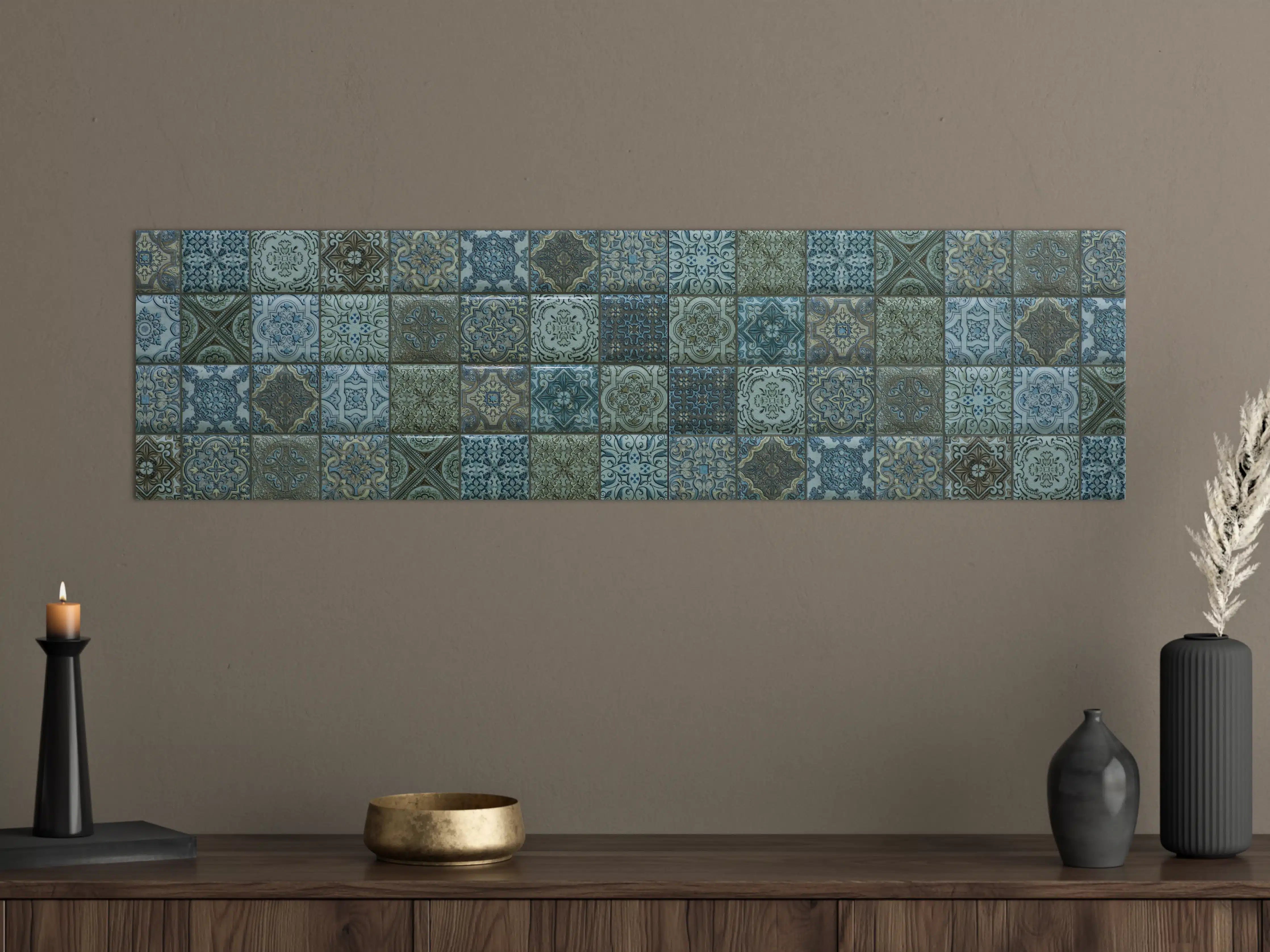 Große Wandbilder - Blau-graue Fliesenmuster im Vintage-Stil