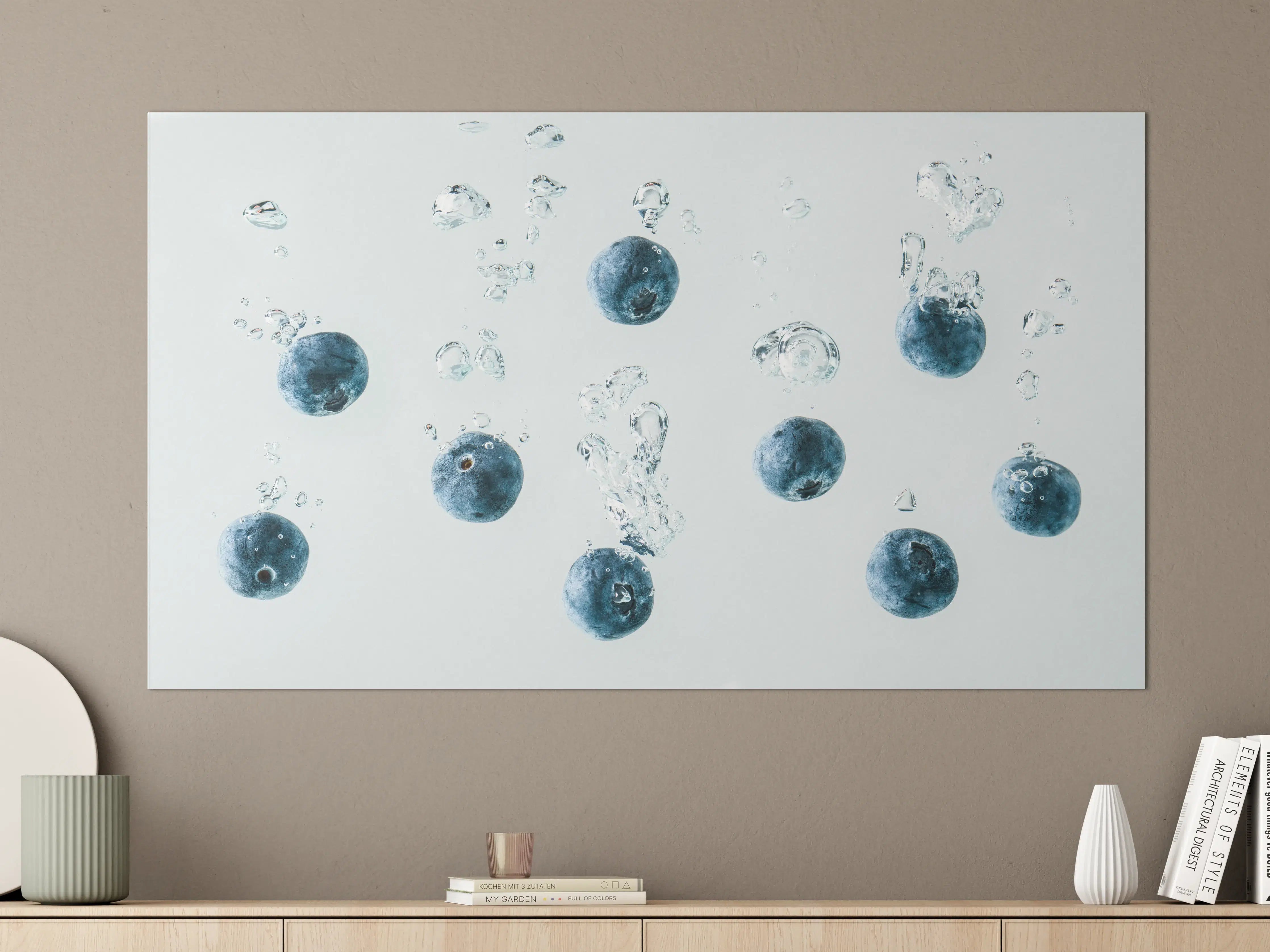 Große Wandbilder - Blaubeeren im Wassertropfen