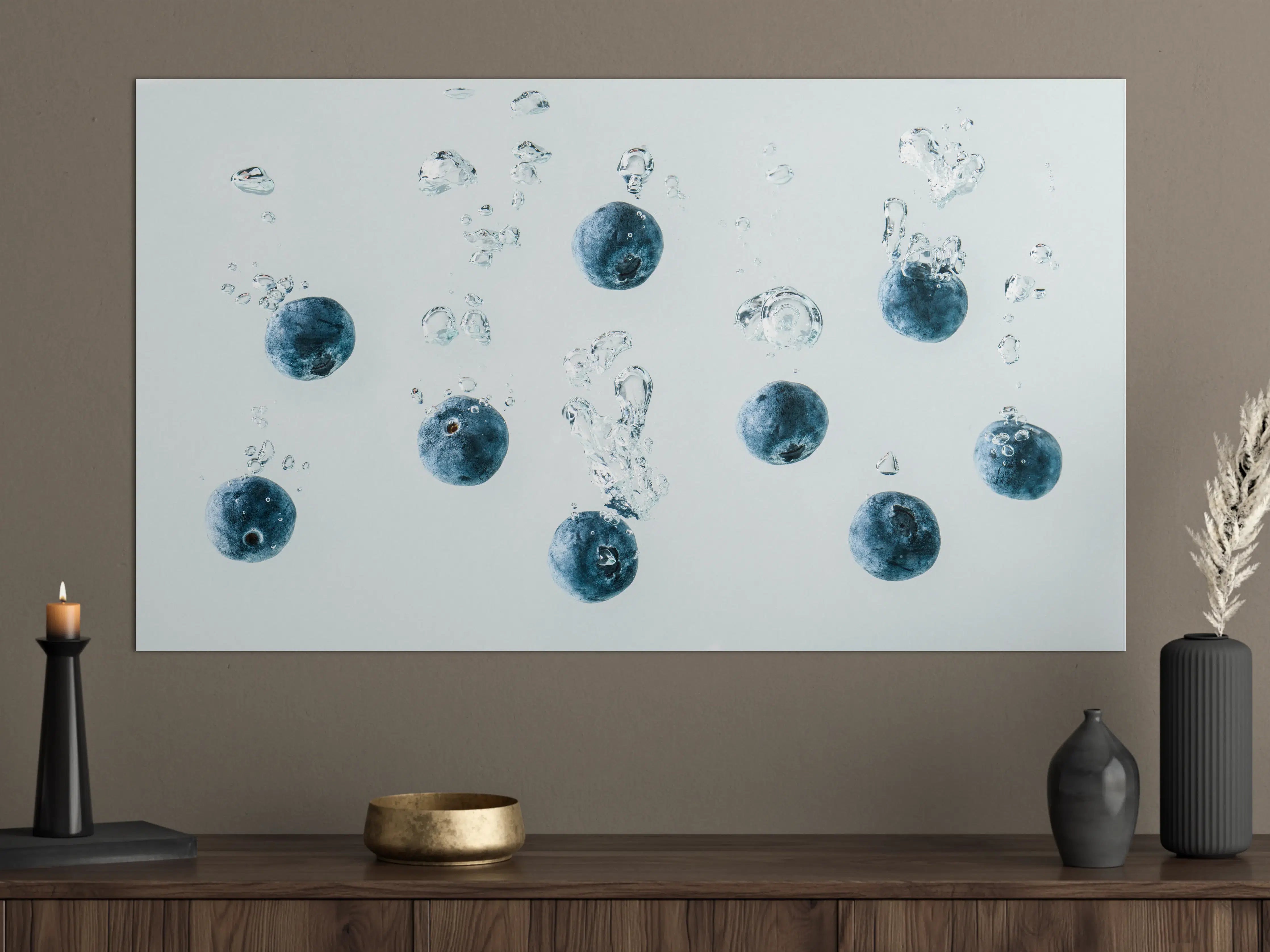 Große Wandbilder - Blaubeeren im Wassertropfen