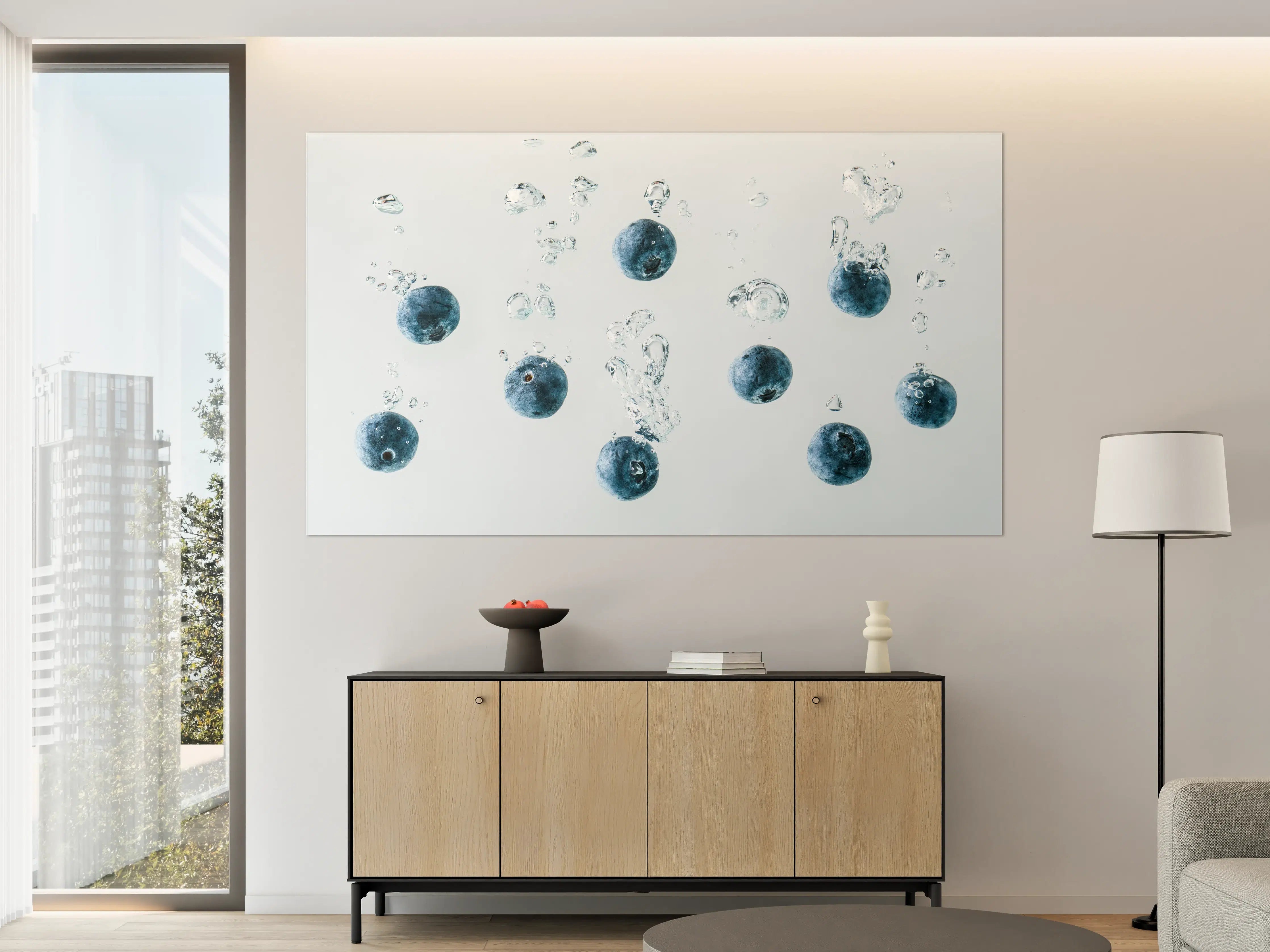 Große Wandbilder - Blaubeeren im Wassertropfen