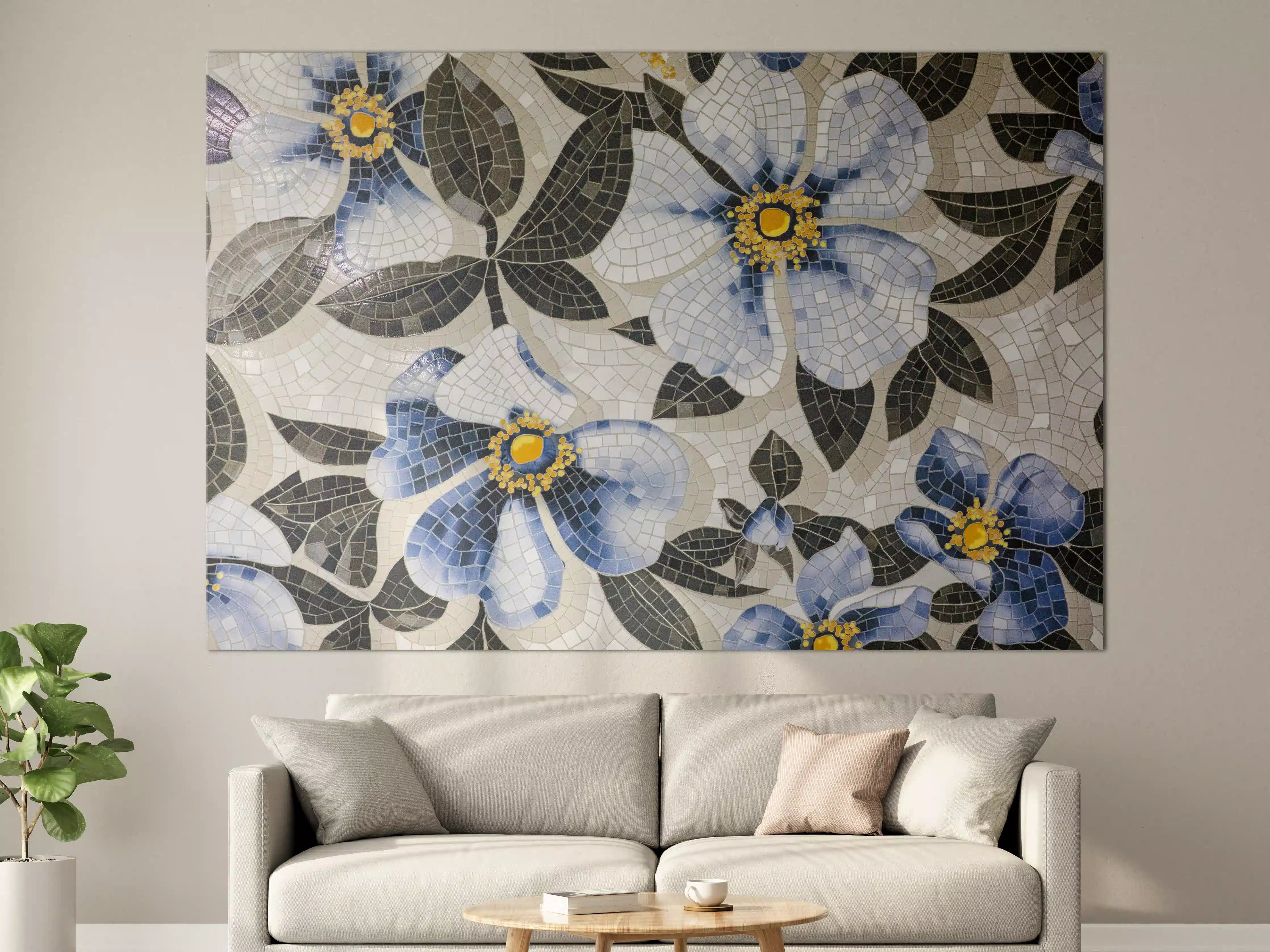 Große Wandbilder - Blaue Blumen Mosaikfliesen