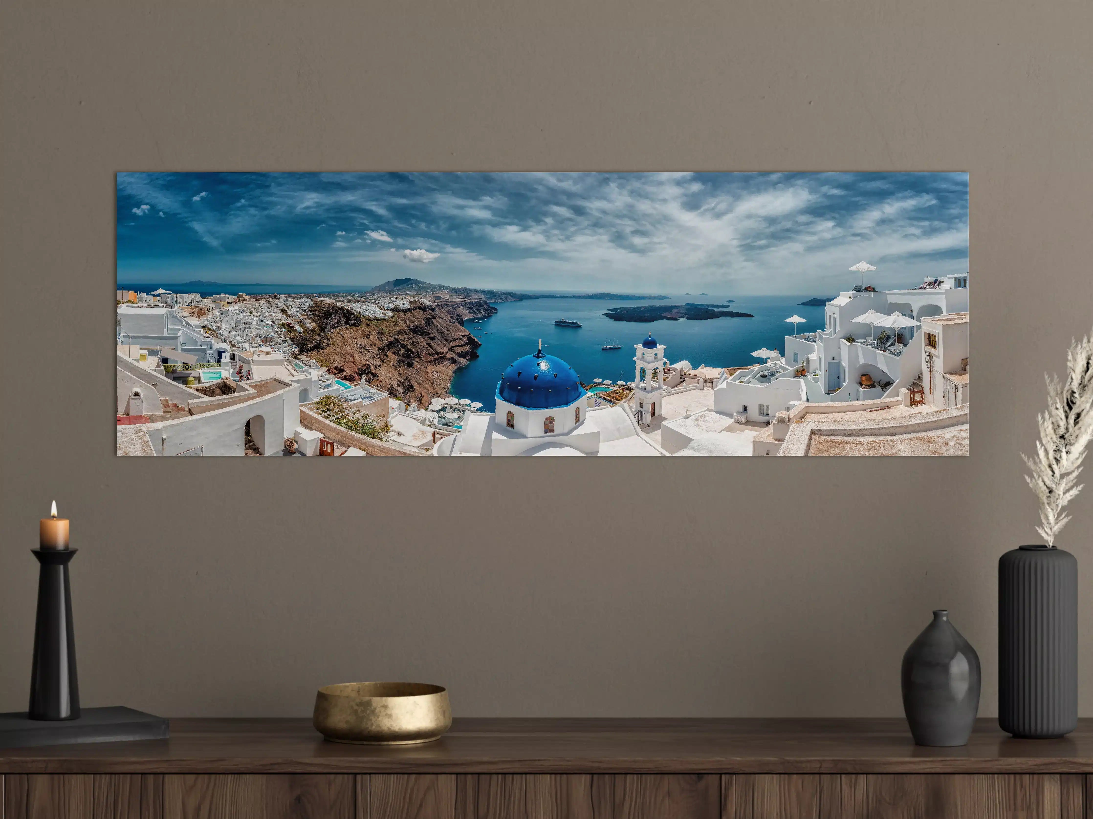 Große Wandbilder - Blaue Kuppel über weißem Santorini-Dorf