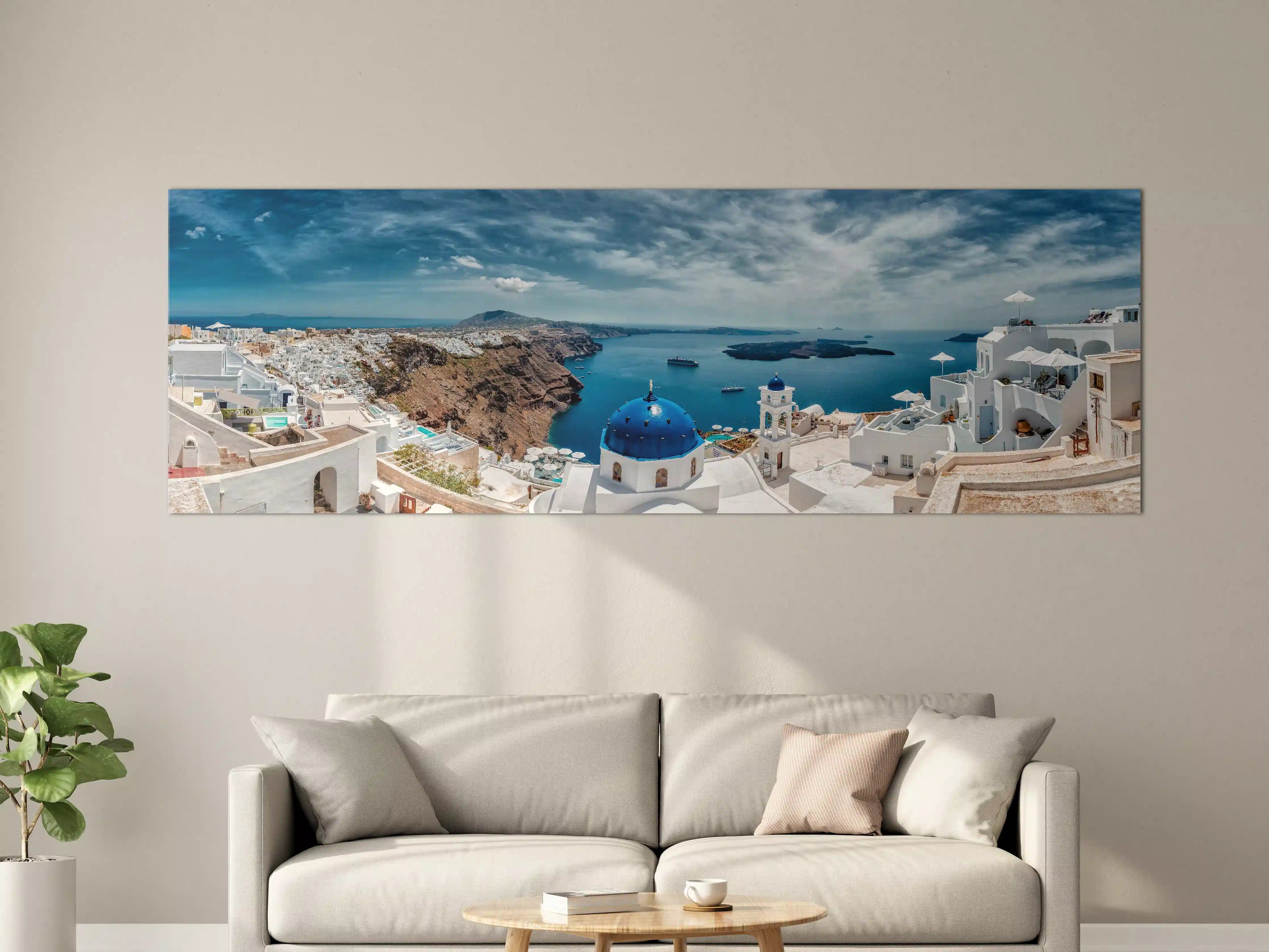 Große Wandbilder - Blaue Kuppel über weißem Santorini-Dorf