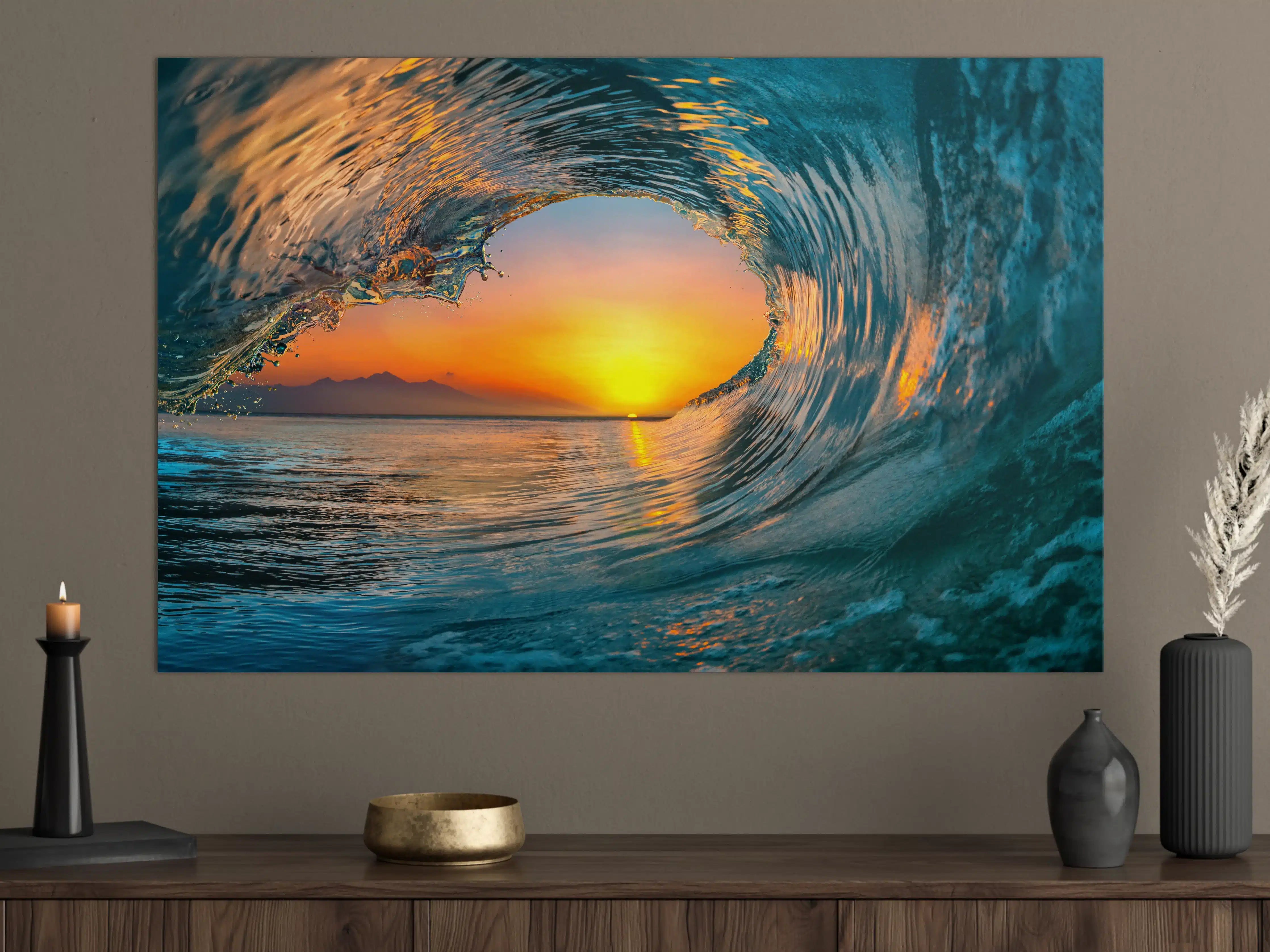 Große Wandbilder - Blaue Meerwelle bei Sonnenuntergang