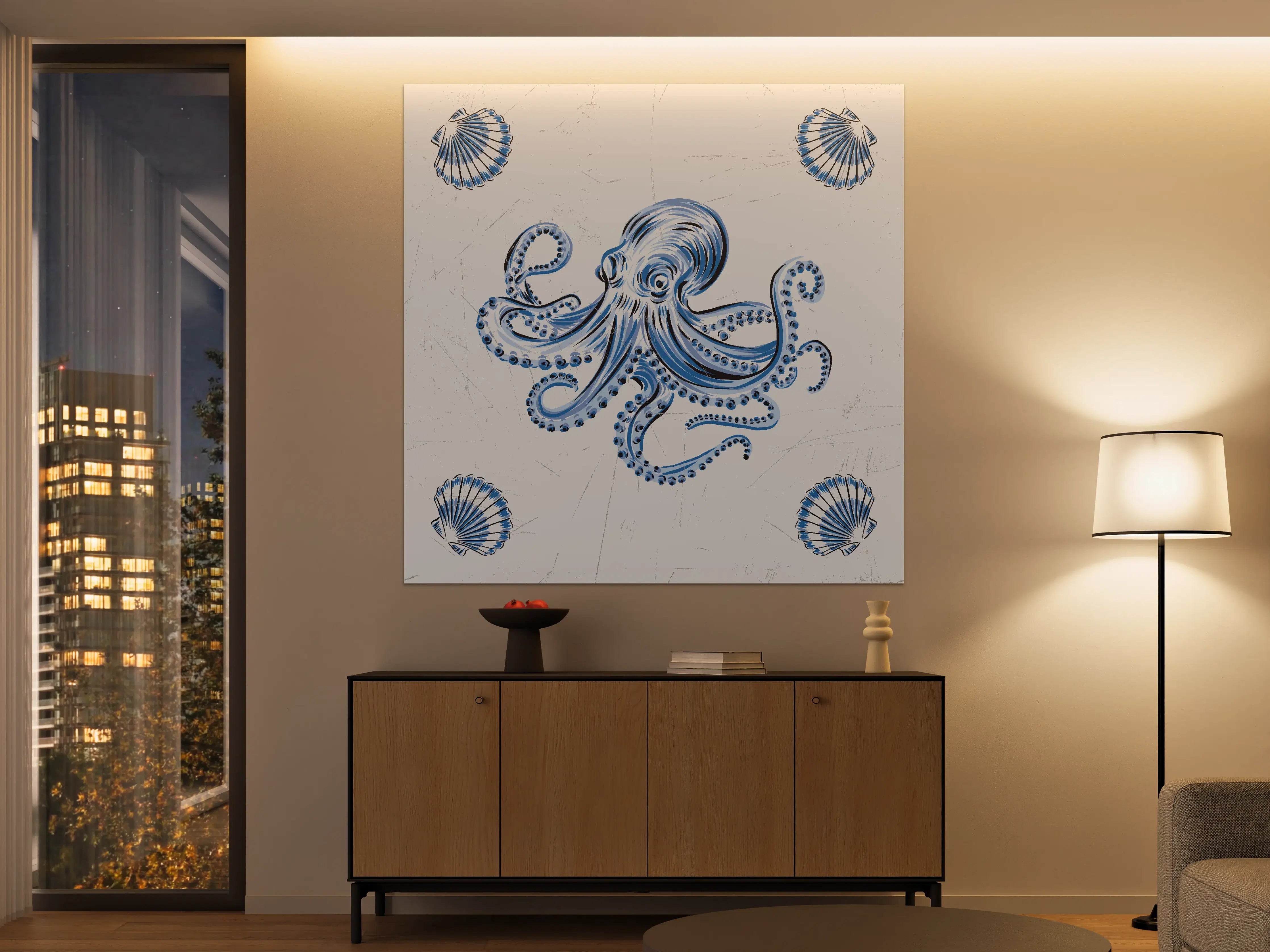 Große Wandbilder - Blaue Oktopus-Dekoration mit Muscheln