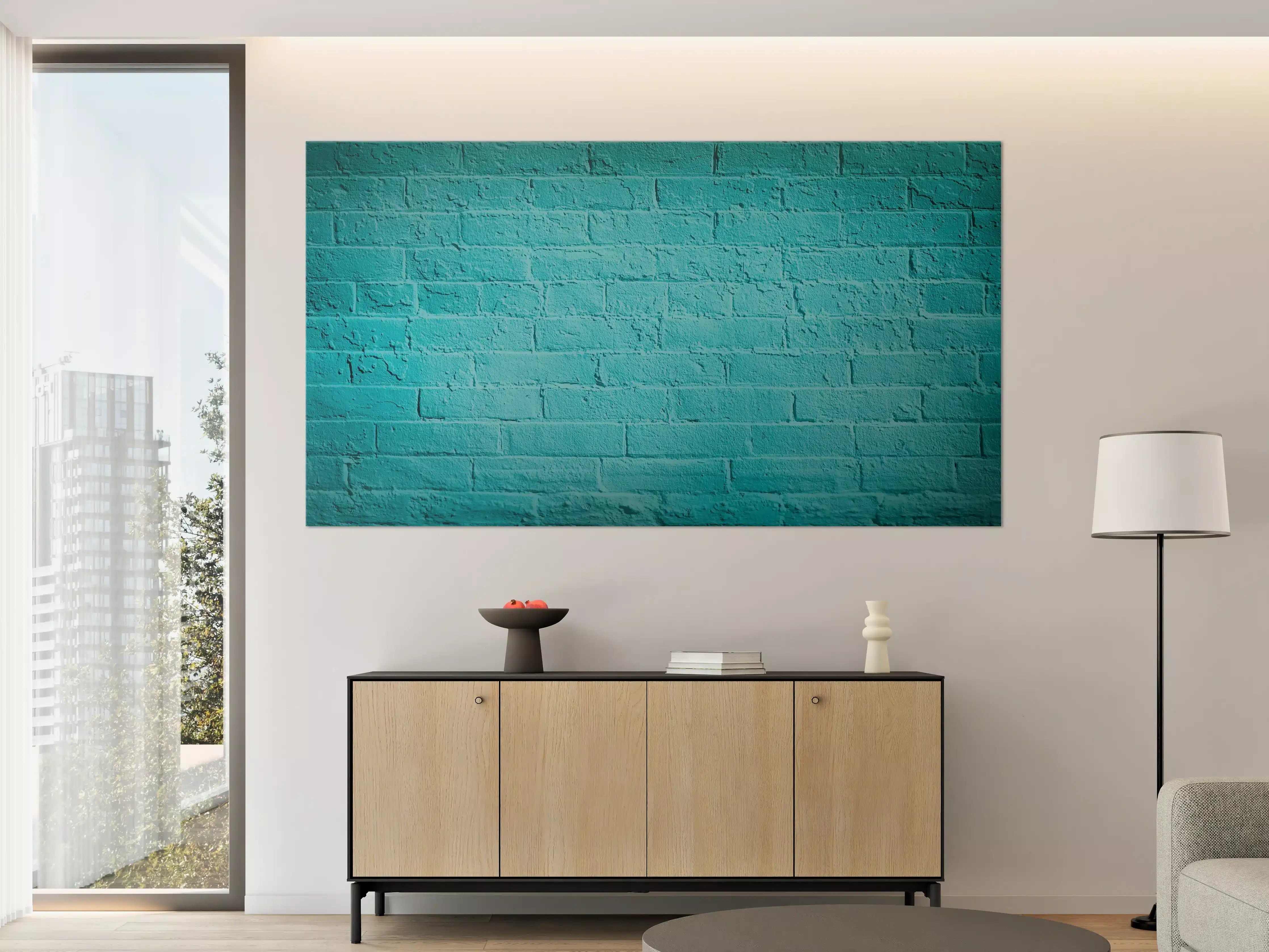 Große Wandbilder - Blaue Wand mit Brick-Optik